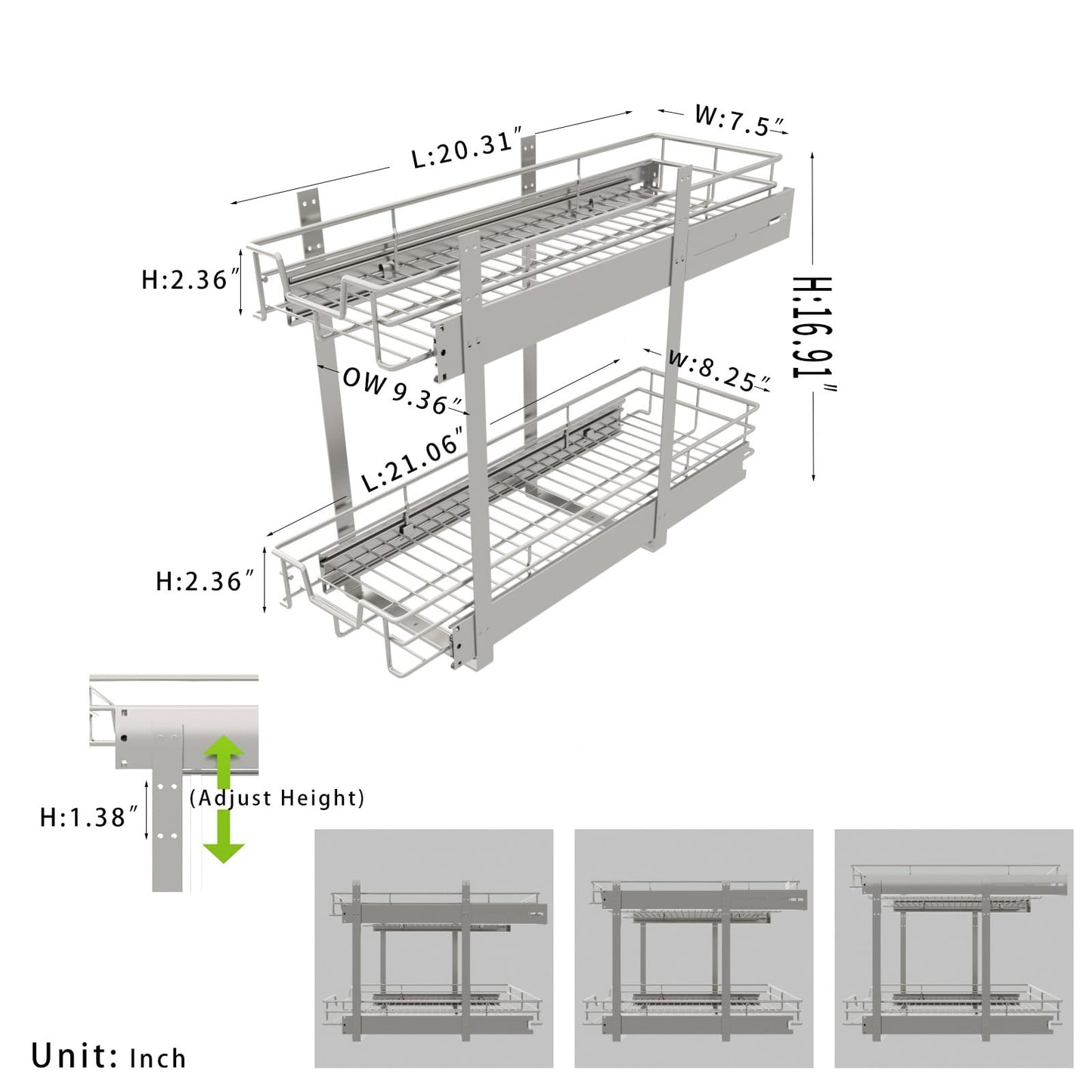 EZKAZA Pull Out Cabinet Organizer 9.5" W x 21" D, 2-Tier Kitchen Cabinet Pullout Shelf and Drawer Organizer Slide Out Pantry Storage Basket, 8.2" W x 21" D x 2.4" H for Bottom Basket Size