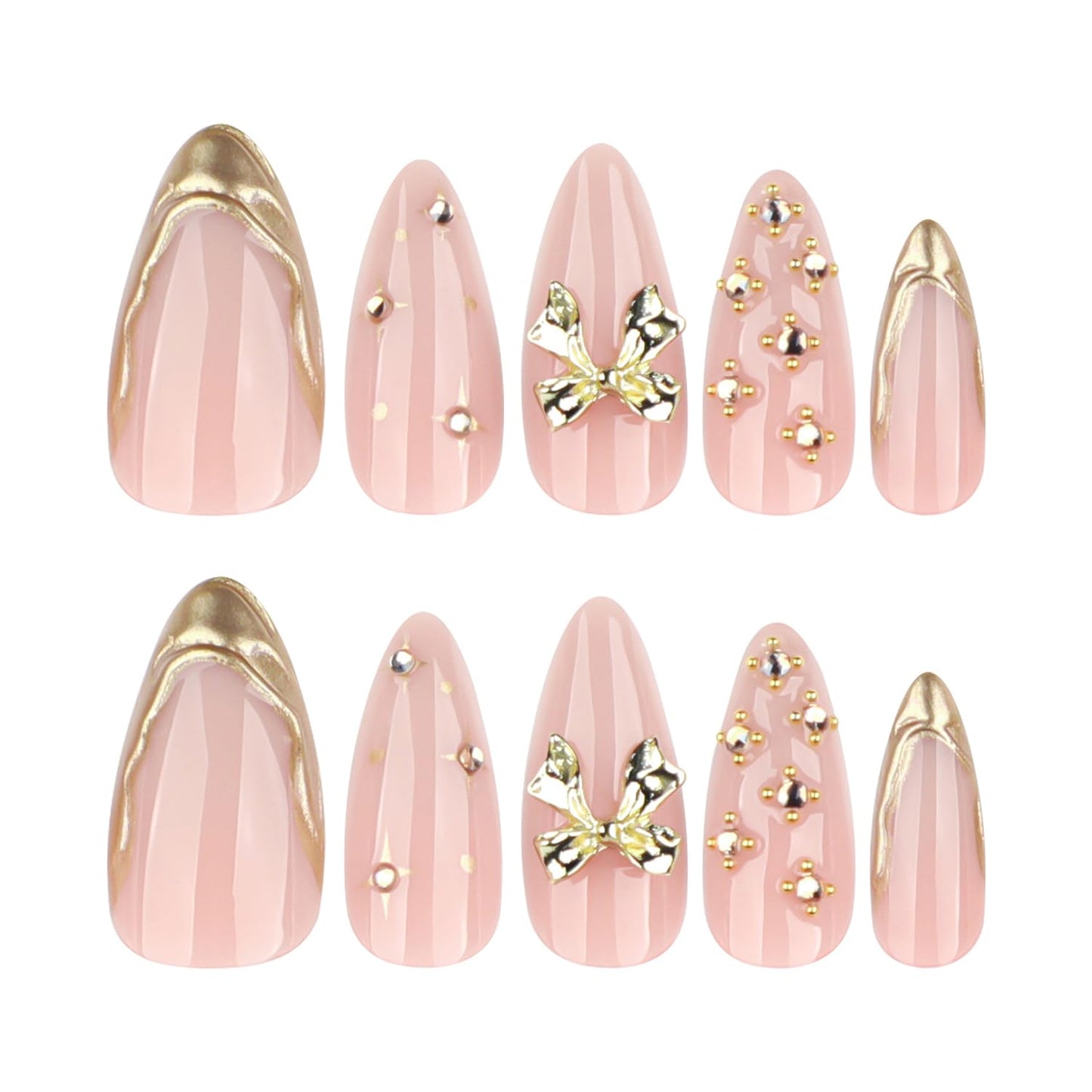 Press On Nails Medium Almond Fake Nails Press Ons With Gold Rhinestone Star Design Gold Bow French False Nails Pink Glossy Acrylic Nails For Women
