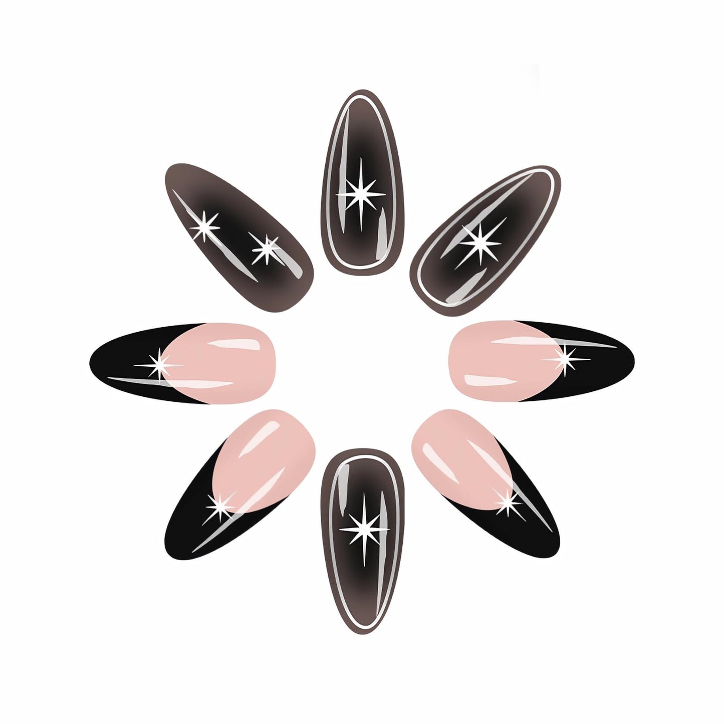 MISUD Press on Nails - Medium Almond Fake Nails with Goth Black, Acrylic Silver Chrome Star Design 24 pcs
