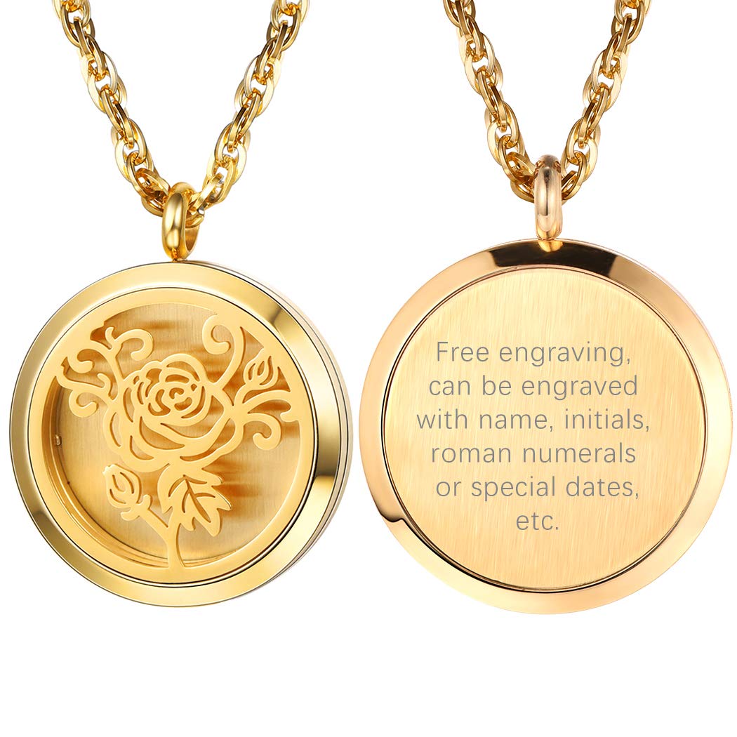 PROSTEEL Personalized Customize Diffuser Aromatherapy Necklace,Perfume Locket Pendant Charm,Delicate Rose Flower Women Jewelry,18K Gold Plated