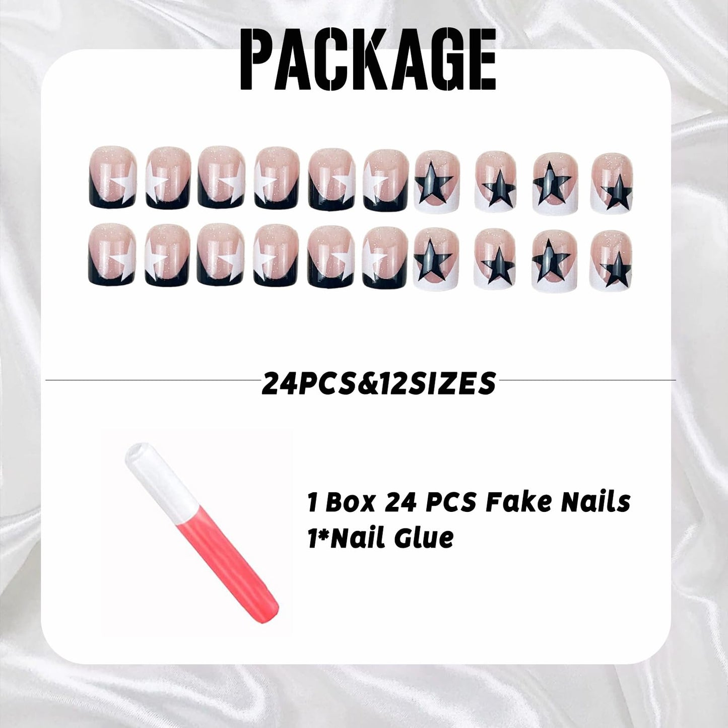 IMSOHOT Press on Nails Short Square Fake Nails Black White French Tips False Nails with Cute Star Designs Full Cover Glitter Artificial Glue on Nails for Women DIY Nail Art