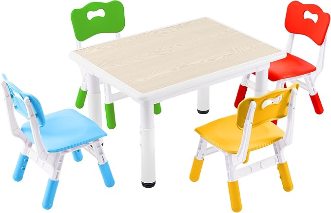 Kids Study Table and Chairs Set, Height Adjustable Toddler Table and Chair Set for Kids Ages 3-8, 31.5" L x 23.6" W Graffiti Desktop Plastic Children Art Table with 4 Seats