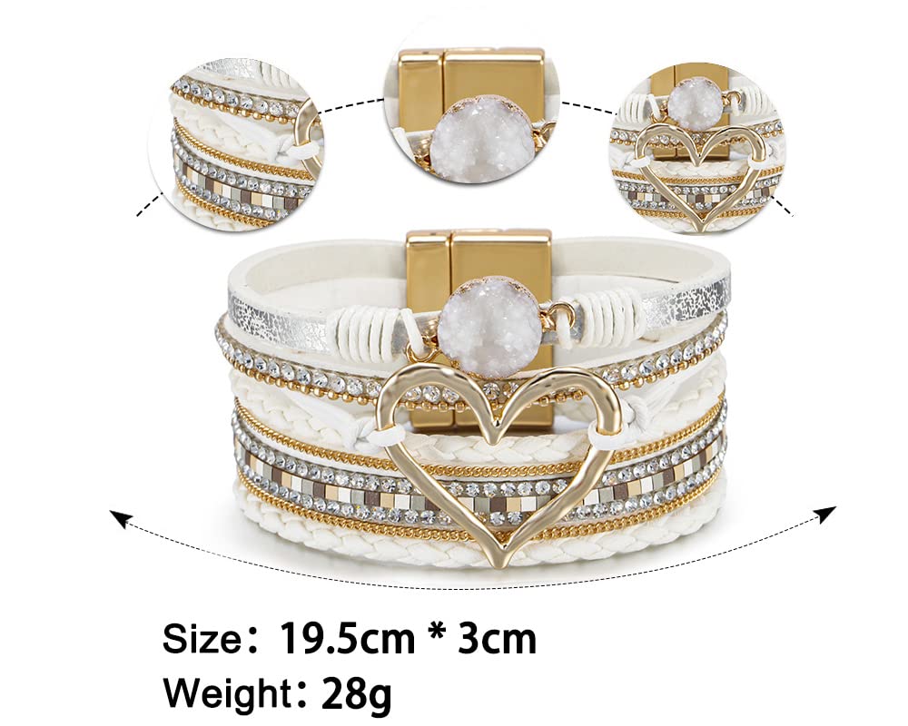 Leopard Bracelet for Women, Boho Leather Wrap Multi-Layer Pearl Crystal Bracelet Bangle Jewelry (Heart Leather(White))