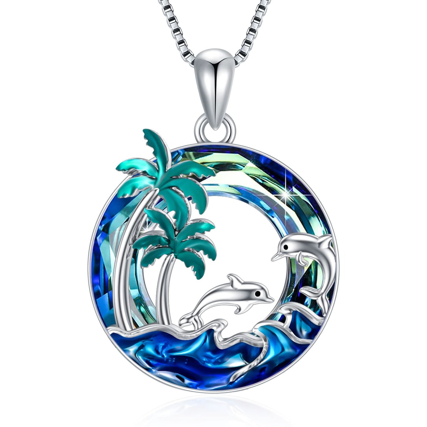PROESS Dolphin Necklace Sterling Silver Palm Tree Pendant Necklace With Blue Crystal Ocean Wave Jewelry Gift For Women