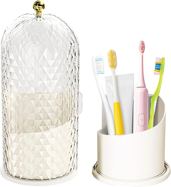 Multifunctional Rotating Toothbrush Holders with Sliding Lid, The 3-Slot Bathroom Countertop Vanity Organizer Perfect for Tooth Brush, Toothpaste, and Makeup Brushes Holder Storage (White)