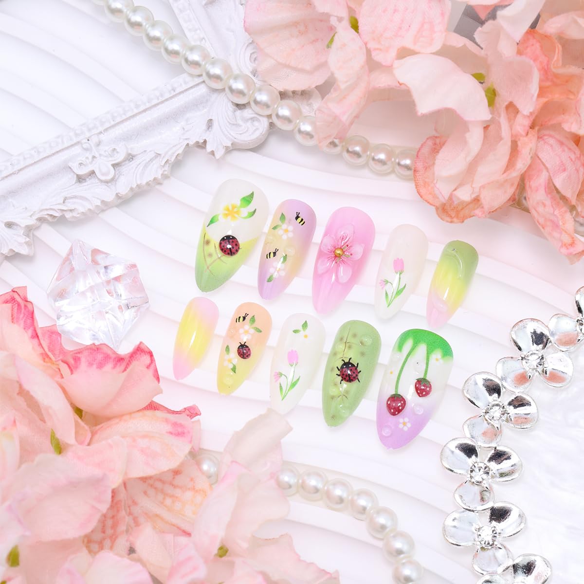 24Pcs 3D Floral Press on Nails Almond Shape Spring Cute Fake Nails with Bee Ladybug Design French Tip Acrylic False Nails Medium Length Reusable Stick on Nails Full Cover Artificial Nails for Women