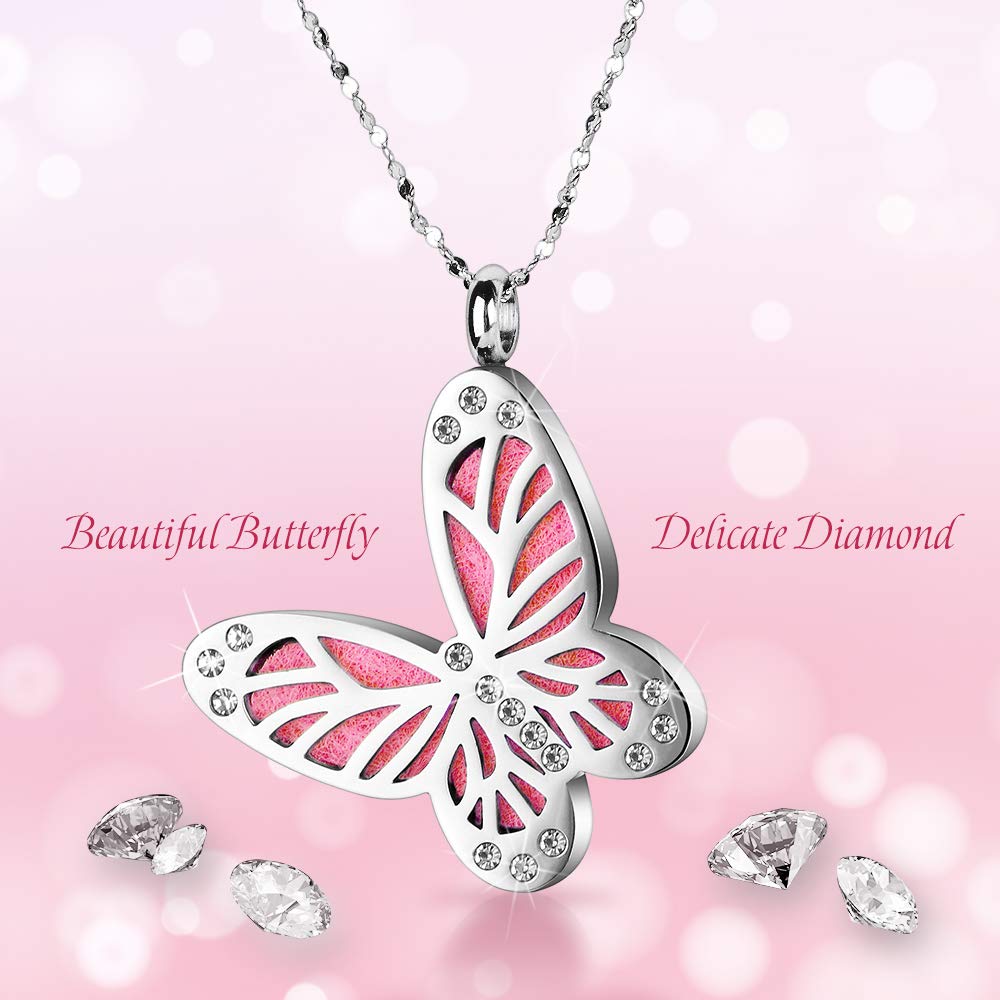 Maromalife Essential Oil Diffuser Necklace Butterfly Zircon Stainless Steel Aromatherapy Pendant Locket with Adjustable Chain and 10 PCS Felt Pads Mothers Day Christmas Birthday Gift for Women