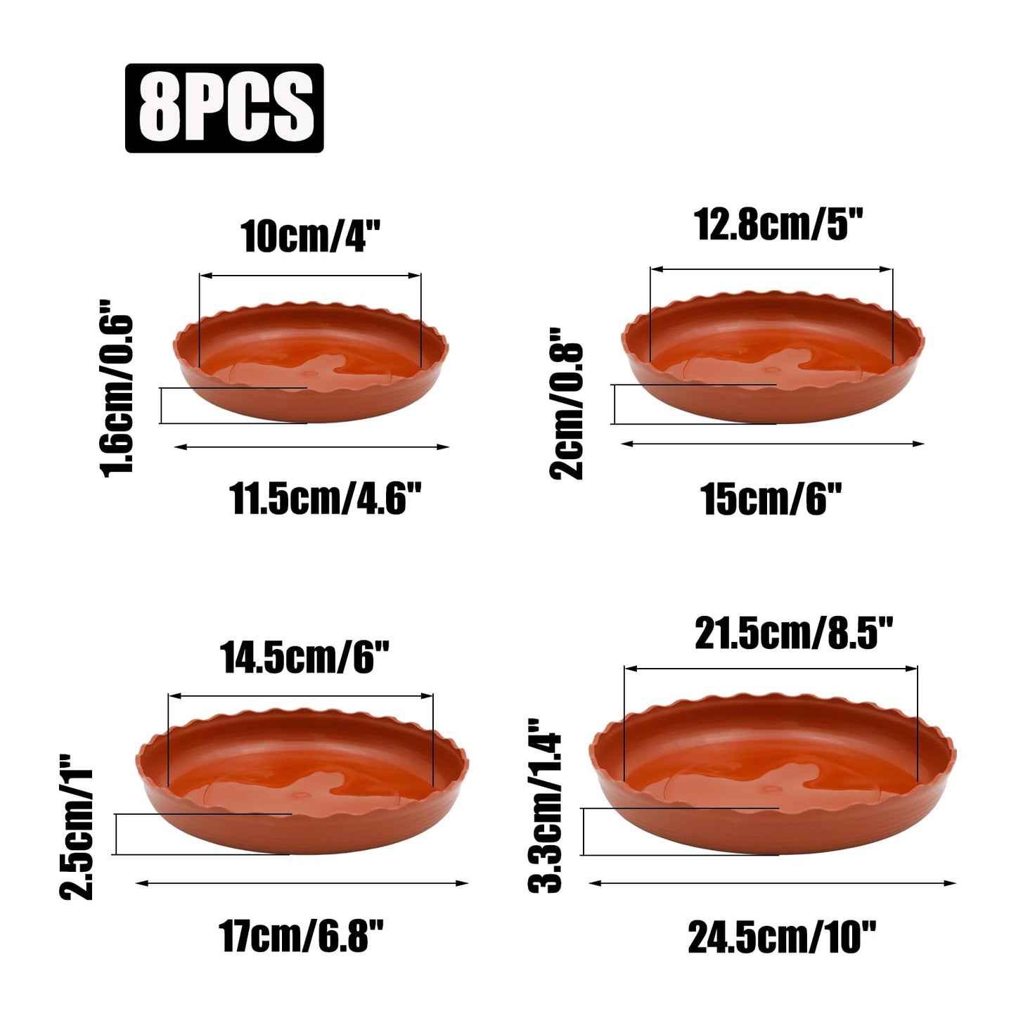 JAKOUE 4 Size Wave Shaped Round Plant Saucer,6 Pack Pant Pot Trays, Plant Saucers for Indoors and Outdoors, Seed Starting Tray, Growing Trays,Terracotta（4",5",6",8"）