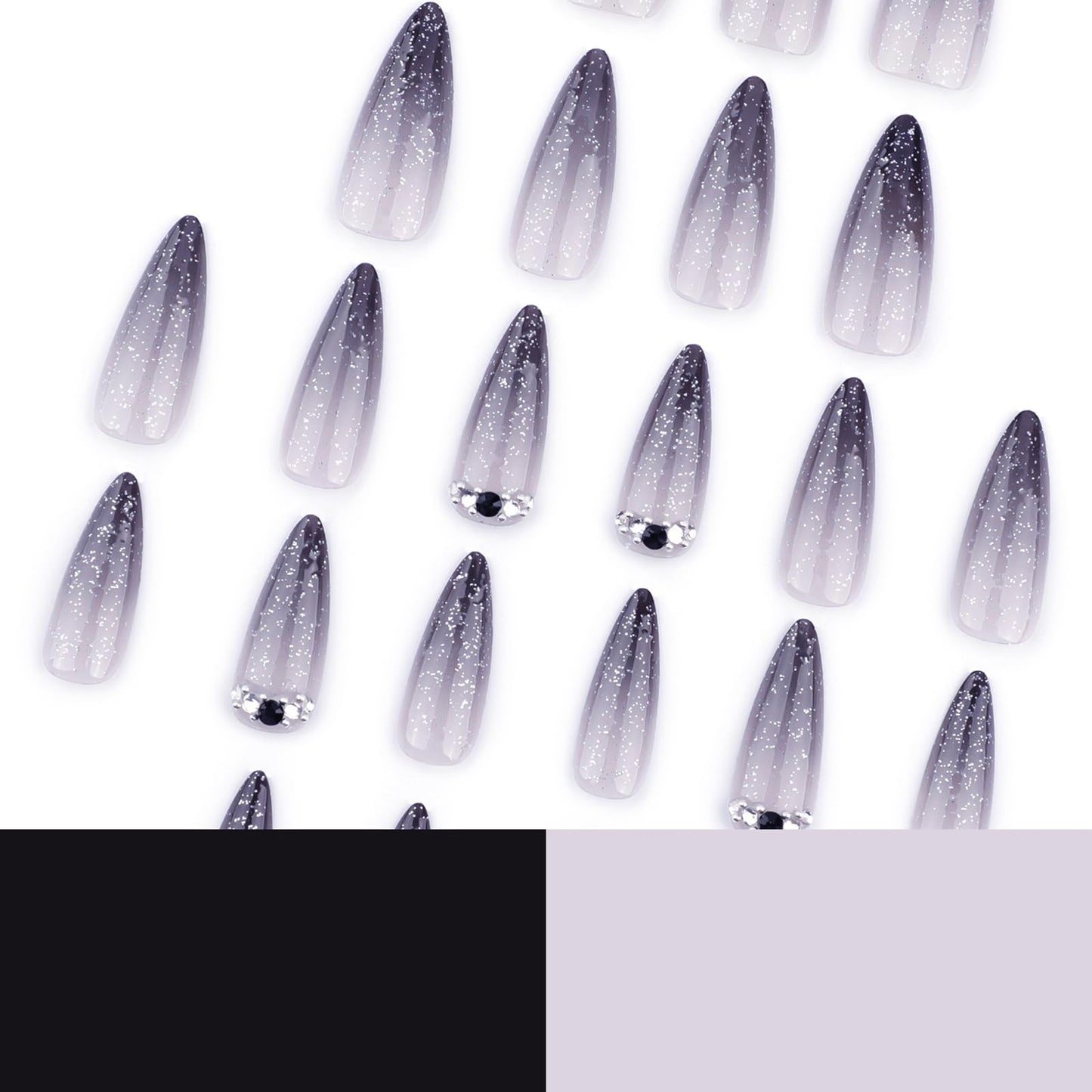 MISUD Press on Nails - Long Stiletto Fake Nails with Goth Black Ombre, Acrylic Bling Glitter Design 24 pcs