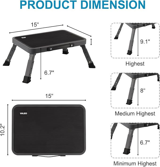 Valeo Folding Step Stool, Adjustable Step Stool with Non-Slip Platform, 500 Lbs Capacity, Step Ladder for Adults or Kids in Kitchen, Bathroom, RV, Camping, Office, Black