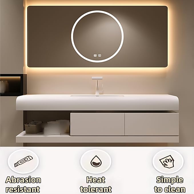 44IN Bathroom Vanity with Sink - Bathroom Cabinet Set has 2 Drawers & Overflow Hole Wall Mounted | LED Practical Defogging Mirror, Open Compartments, Seamless Rock Slab Basin (Coffee)