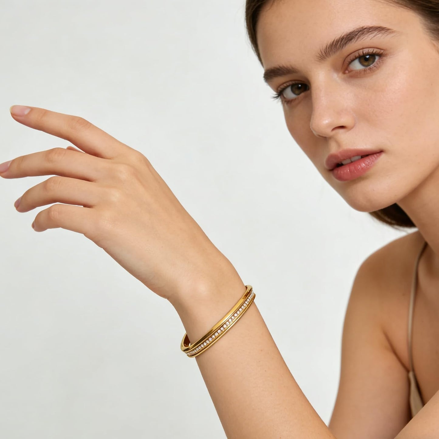 BRIGFUTU 18K Gold Plated Bangles for Women, Dainty Stainless Steel Hinged Bangle Bracelets Set of 2, Waterproof Minimalist Cubic Zirconia Stackable Jewelry Gift for Her