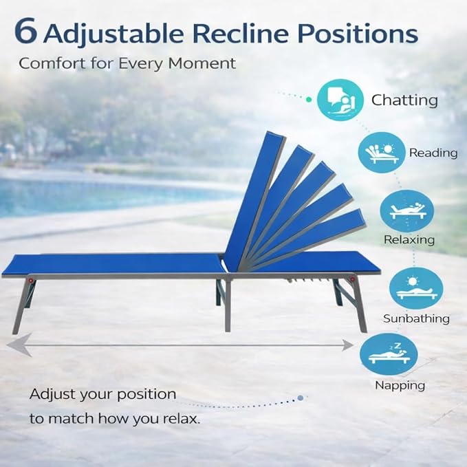 Kozyard 3-Pieces Patio Lounge Set, 2Foldable Adjustable Lounge Chairs and Side Table, Aluminum Frame, Breathable Textilene Fabric, Assemble-Free, Reclining to Flat for Pool, Beach (Blue)