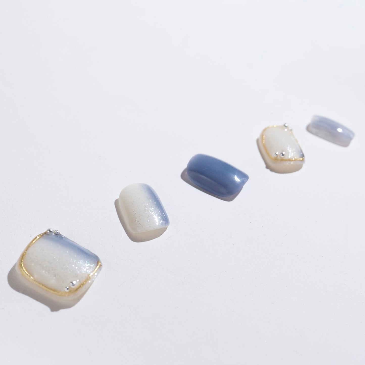 Light Rain Short Press on Nails - Jeans, 3D Handmade Blue and White Reusable Gel UV Finished False nails, Hand-Painted Fake Nails with Design by Professional Manicurist, Short Square, Large Size