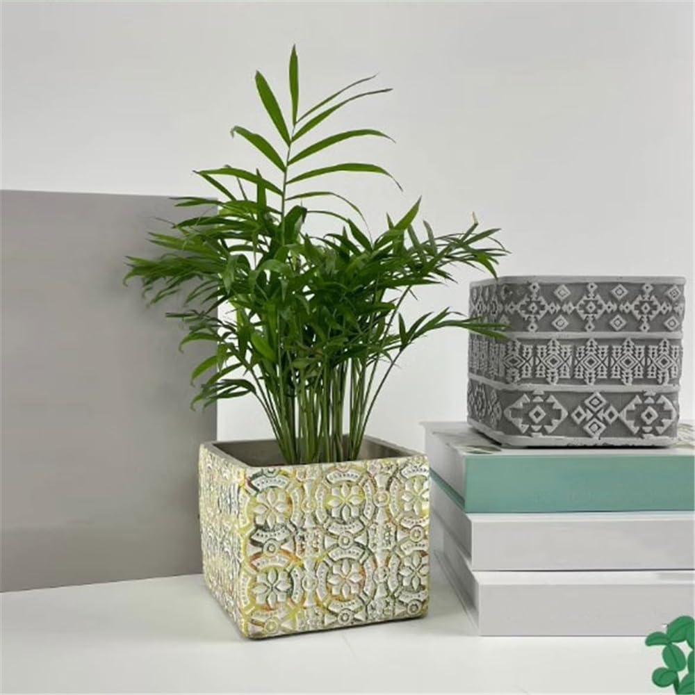 HFlexY5G Flowerpot Square Shaped Flower Pot with Drainage Holes, Grey Background White Embosse Pattern Cement Plant Pot, for Balcony Living Room Bedroom Pots for Plants(Large)