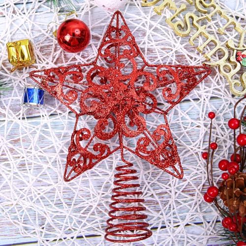 Aneco 10 Inches Metal Glittered Christmas Tree Topper Star Treetop Decoration for Christmas Home Decor, Red