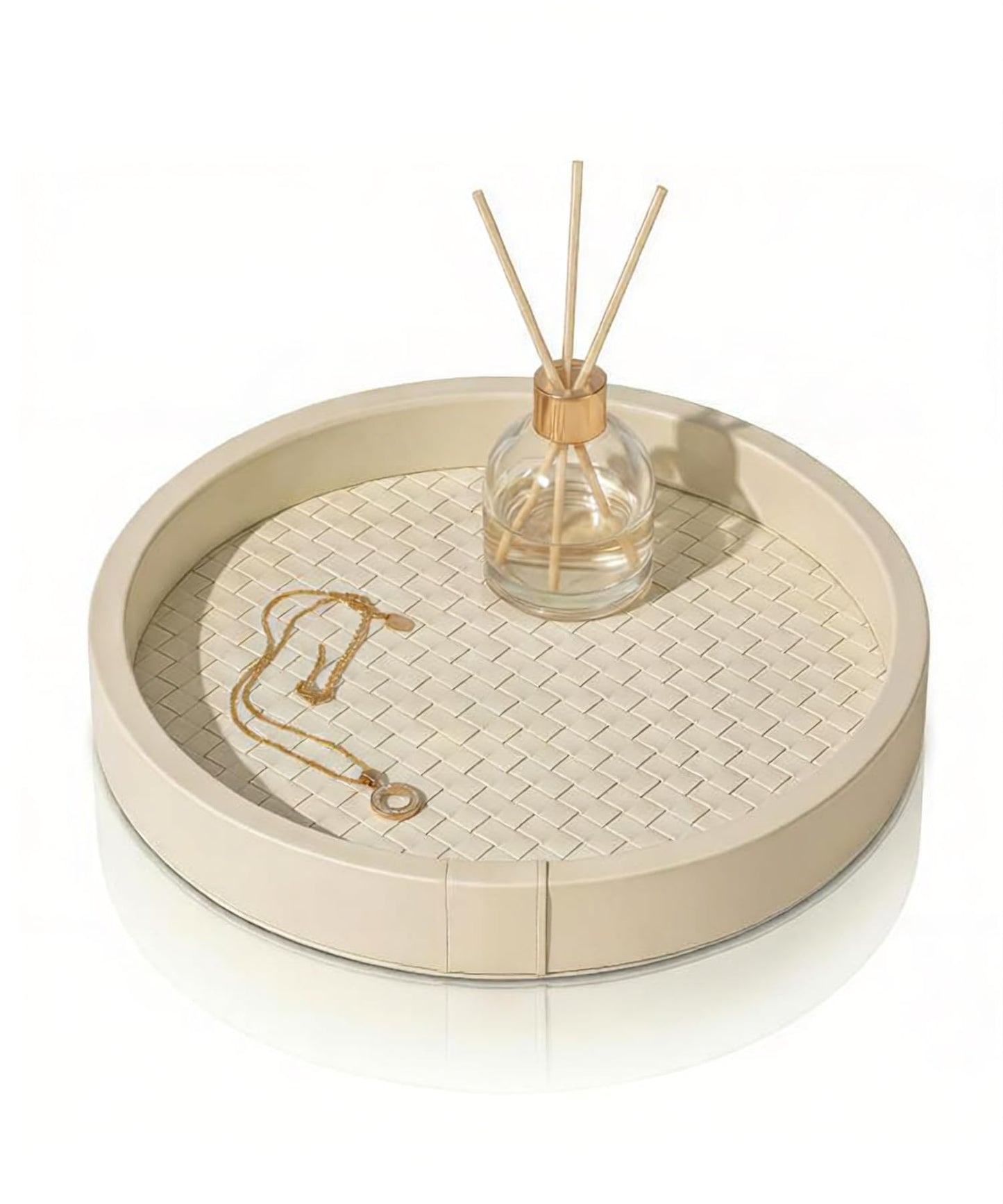 DEYIMAN Woven Leather Vanity Tray - 10 Inch Round Nightstand Organizer for Perfume & Jewelry, Beige