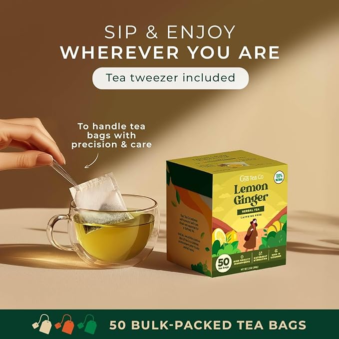 Gya Tea Co Lemon Ginger Herbal Tea Bags (50 Bags) - Caffeine Free with a Tangy Flavor for All Day Comfort, Calming, Relaxing & Nourishing - Fruit & Herbal Blends