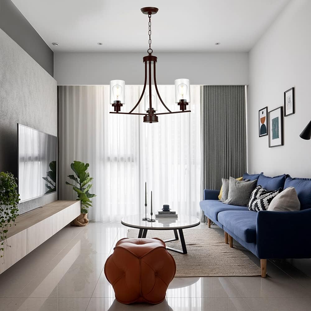 BONLICHT 3 Lights Oil-Rubbed Bronze Traditional Chandelier Rustic Kitchen Island Lighting Fixtures Hanging Clear Glass Cylinder Pendant Lights Classic Ceiling Light for Dining Room Bedroom Foyer