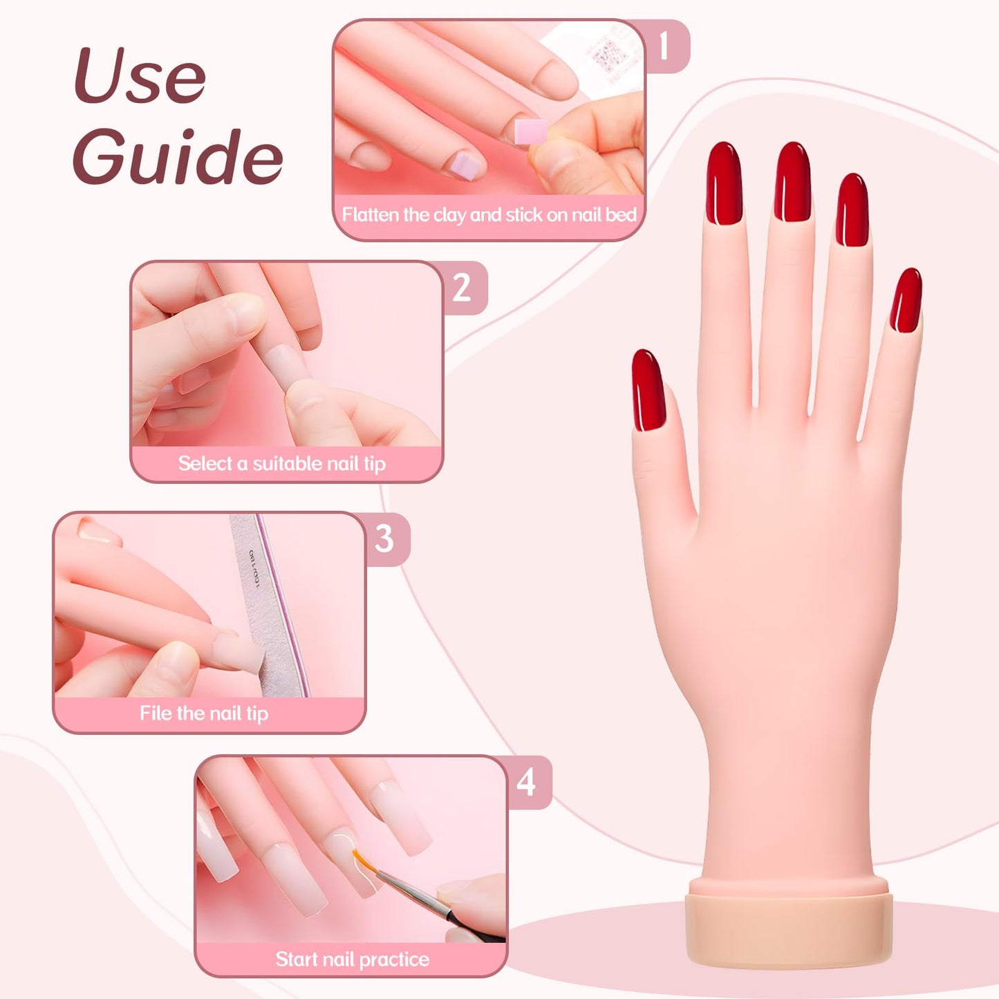 Practice Hand for Acrylic Nails, Mannequin Hand for Nails Practice, Flexible Bendable False Fake Nail Hand with 100Pcs Nail Tips and Nail Art Tools, DIY Nails Display Manicure Hand Tools Supply