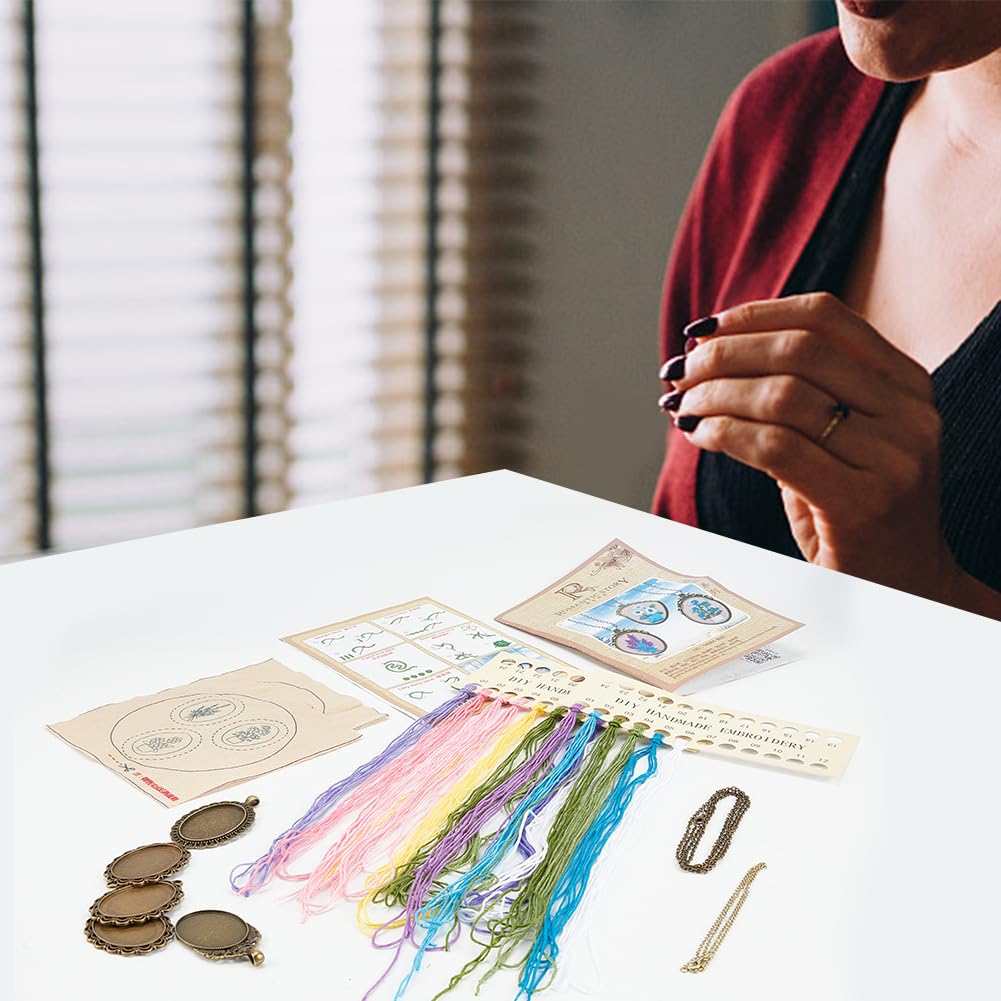 FREEBLOSS 6 Set Embroidery Necklace Kit Embroidery Kit for Beginners Embroidery Pendant Flowers Brooch Mini Embroidery Kit with Instruction Embroidery Starter Kit for Adults Stamped Pattern Cloth