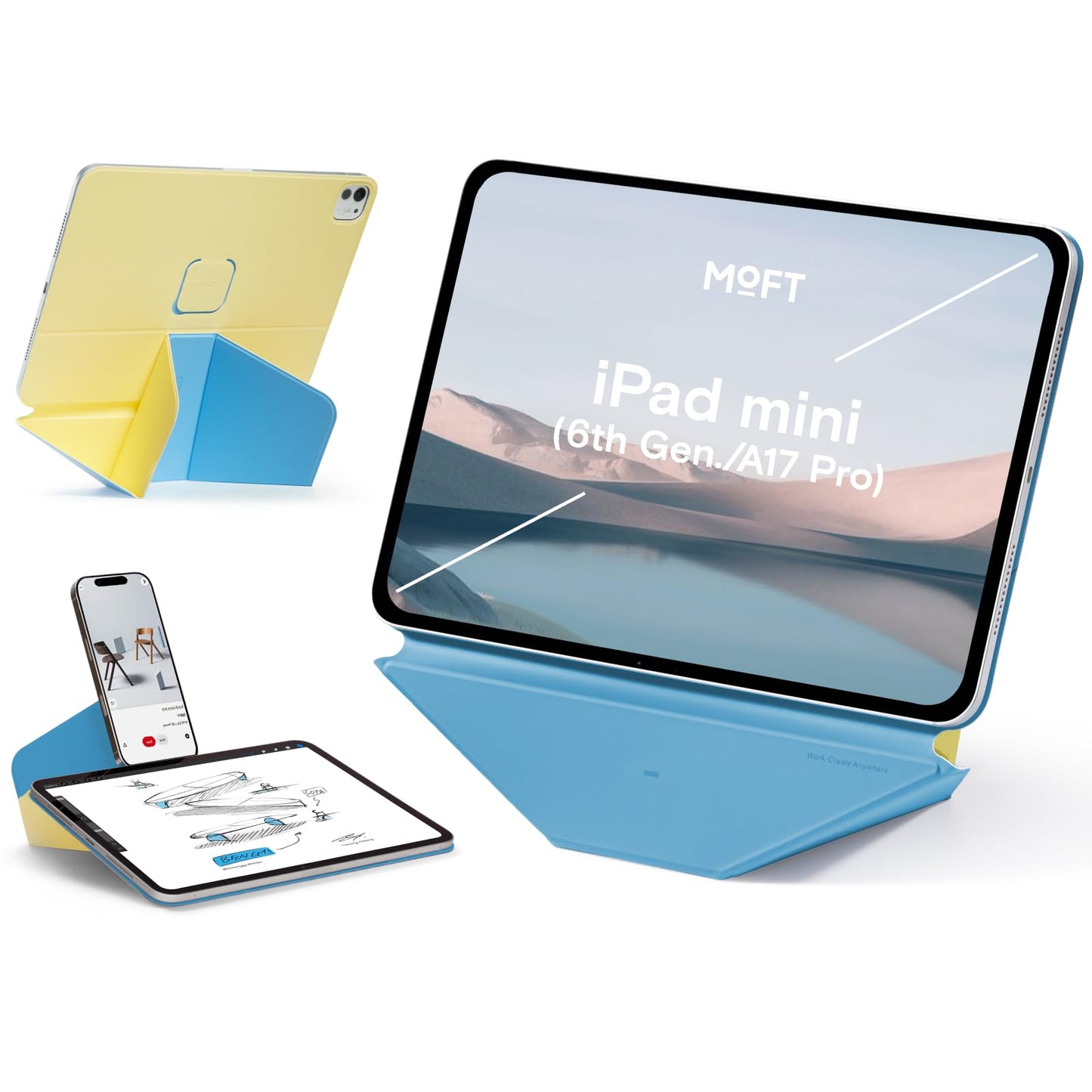 MOFT Dynamic Folio Tablet Stand for Desk Compatible with iPad mini A17 Pro 2024 & iPad mini 6th A15 2021, Slim Magnetic Tablet Holder Case with 20+ Viewing Angles, Panna Cotta x Faded Jeans