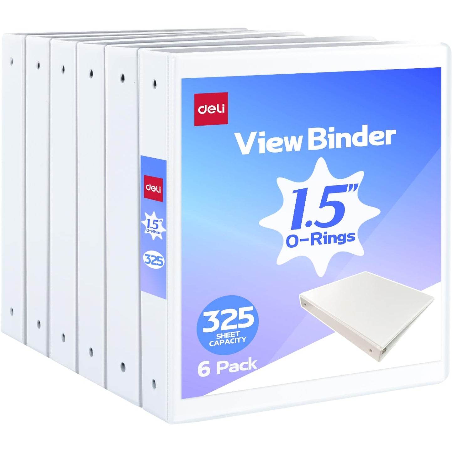 Deli 1.5-inch 3 Ring Binder with 2 Interior Pockets, 325 Sheets Capacity, 1.5 inch Binders fits 11" x 8.5" US Letter Size, White, 6 Pack