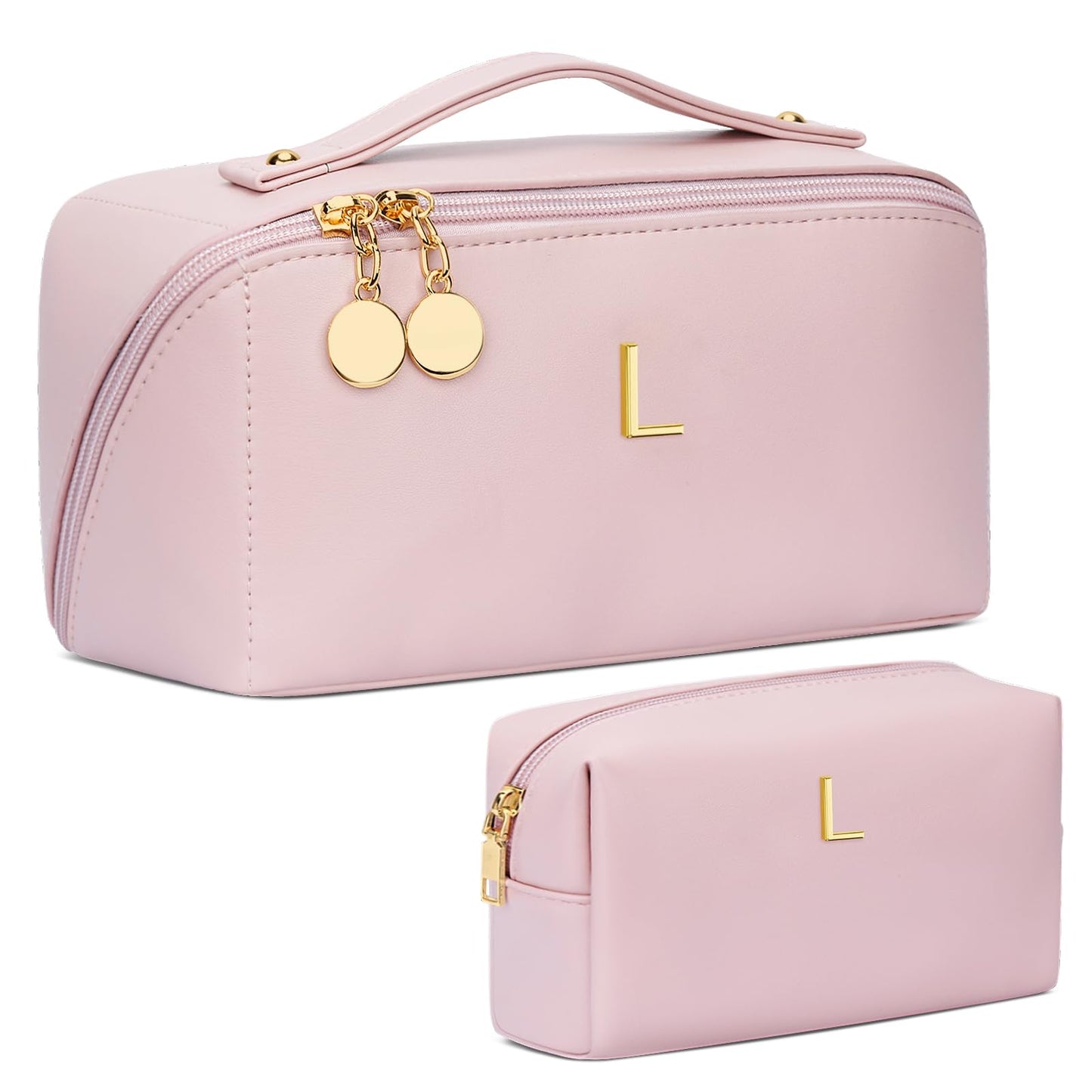 CLOUDWINGS Birthday Gifts for Women Teen Girl, Personalized Initial Makeup Organizer Bag Set, Open Flat Travel Cosmetic Bag With Clear Divider and Handle(Pink,L)