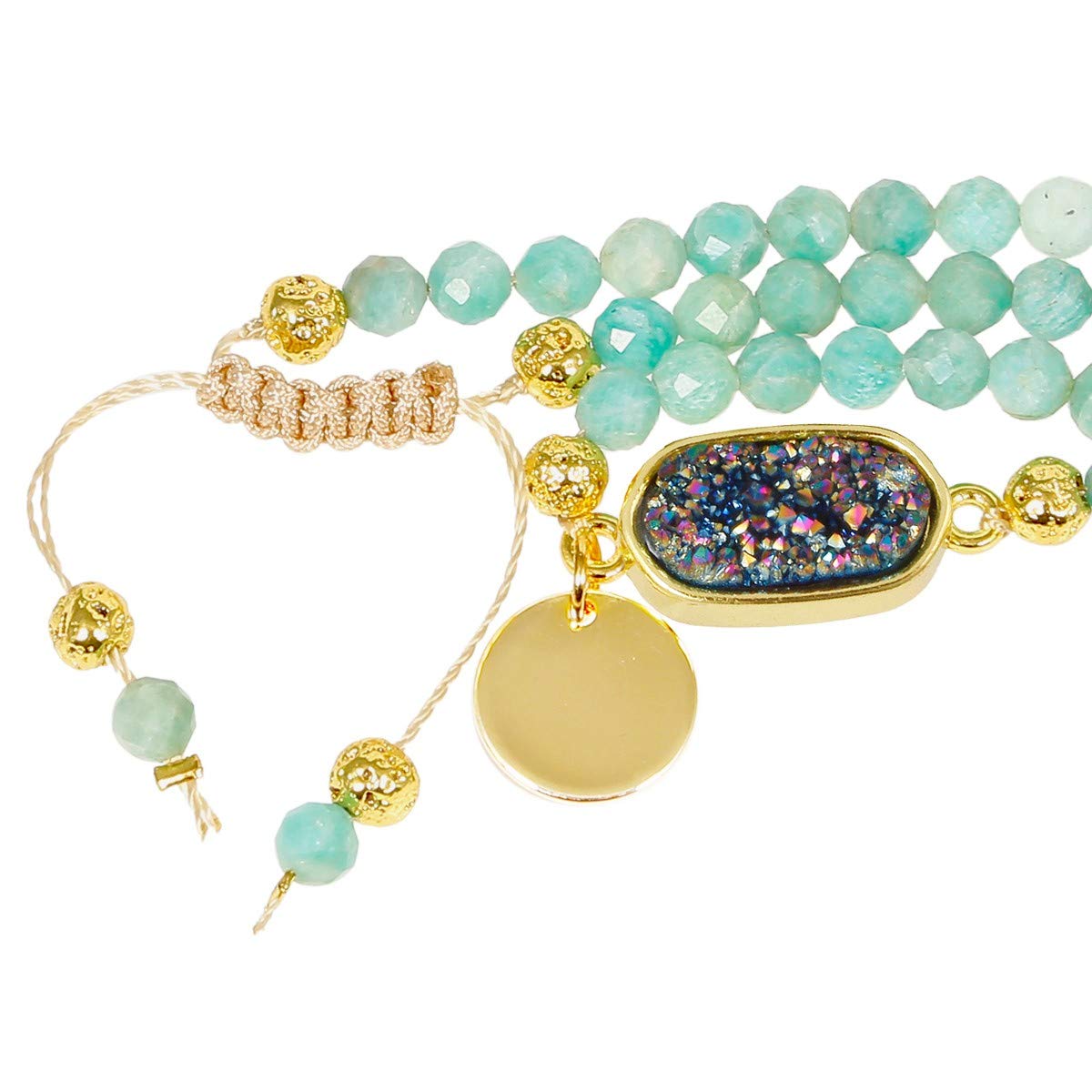 Nupuyai 4mm Faceted Stone Beads Bracelet for Women Men, Adjustable Healing Crystal Chakra Bracelet with Druzy Oval Charms, Amazonite