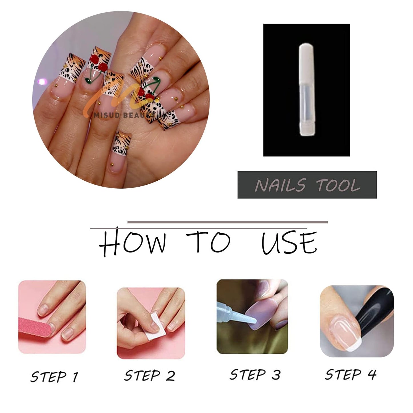 MISUD Press on Nails - Long Square Fake Nails with Orange Ombre, Acrylic Animal Cherry Design 24 pcs