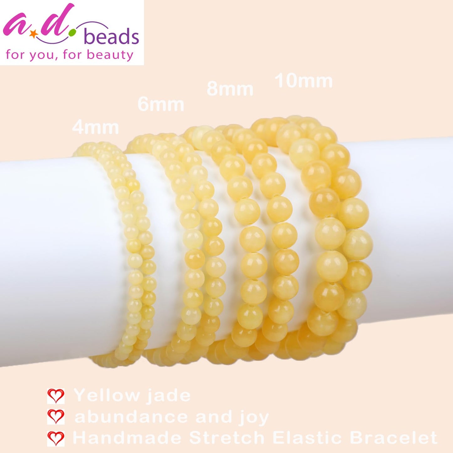 AD Beads Handmade Gemstone Stretch Elastic Bracelet Crystal Healing Reiki Nature's Beauty and Spiritual Essence Unisex (12mm, Yellow Jade (Abundance and Joy))