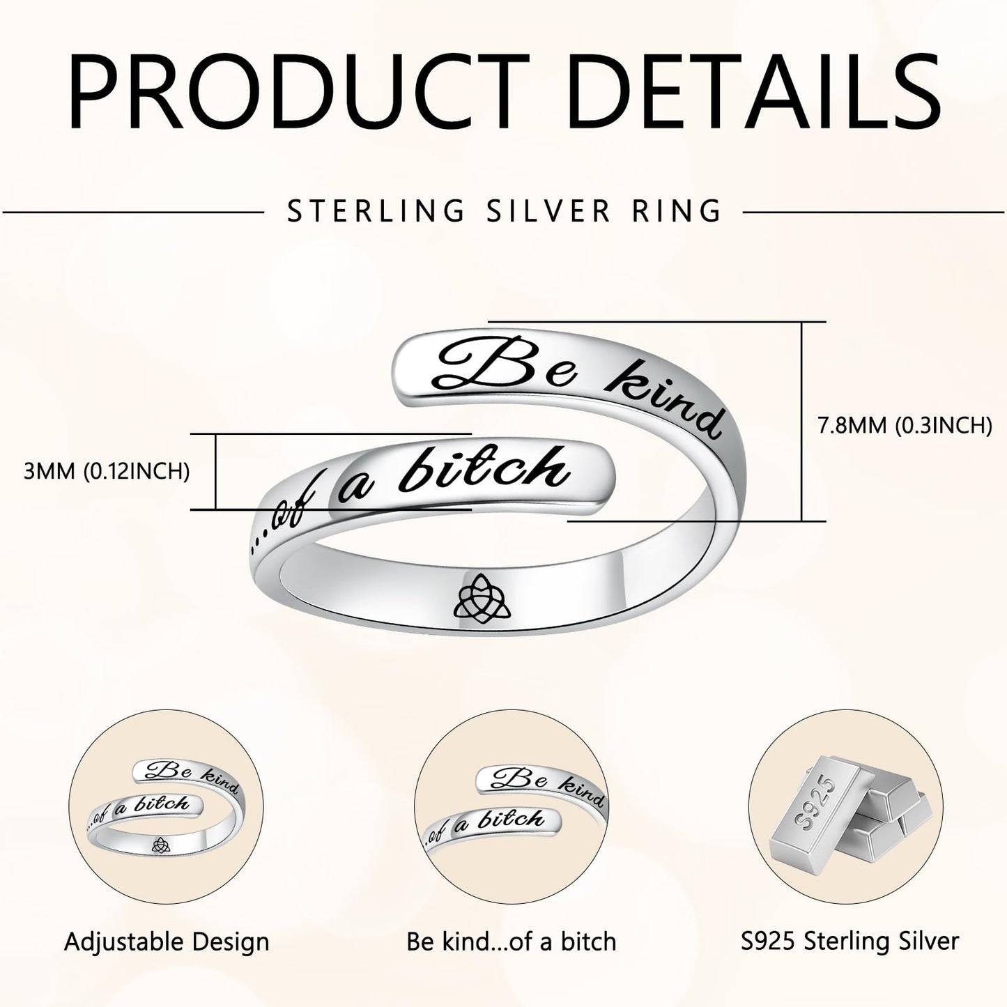S925 Sterling Silver Inspirational Jewelry Rings Adjustable Ring Personality Encouragement Gift for Teens Women
