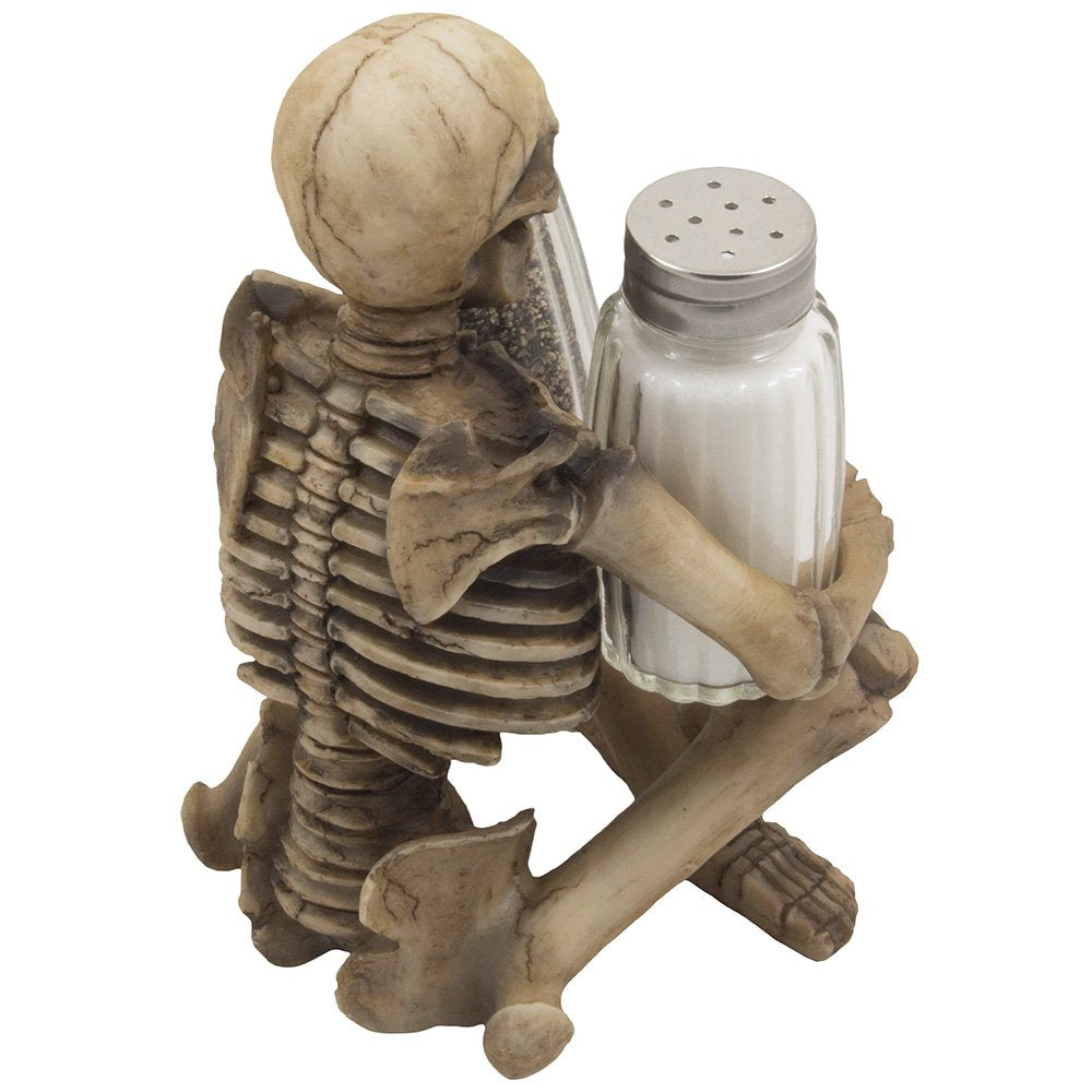 Scary Skeleton Glass Salt and Pepper Shaker Set with Decorative Spice Rack Display Stand Holder Figurine for Spooky Halloween Party Decorations and Skulls & Skeletons Kitchen Décor As Gothic Gifts