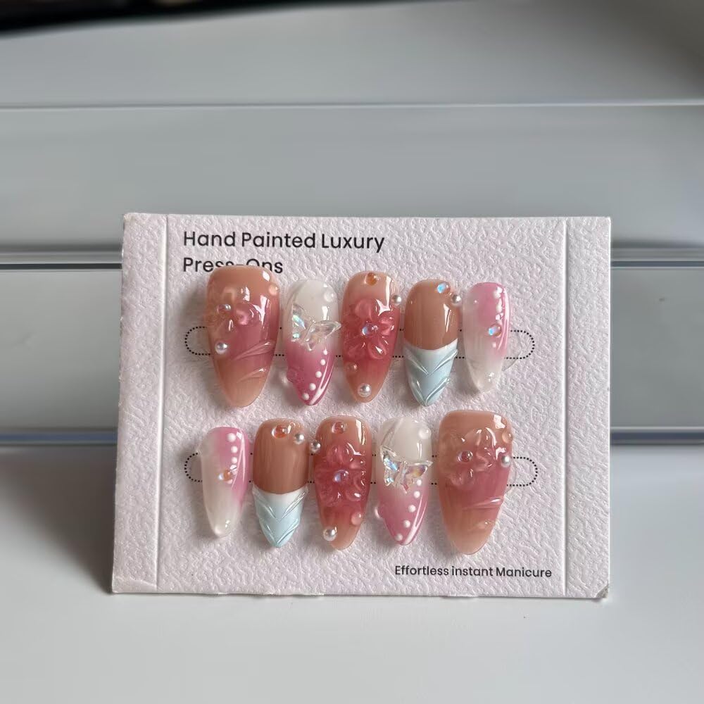 Handmade Press on Nails Medium Almond Blue French Tip False Nails with 3D Pearl Design Stick on Nails Pink Artificial Nail Full Cover Glue on Nails for Women DIY 10 Pcs (Size M）