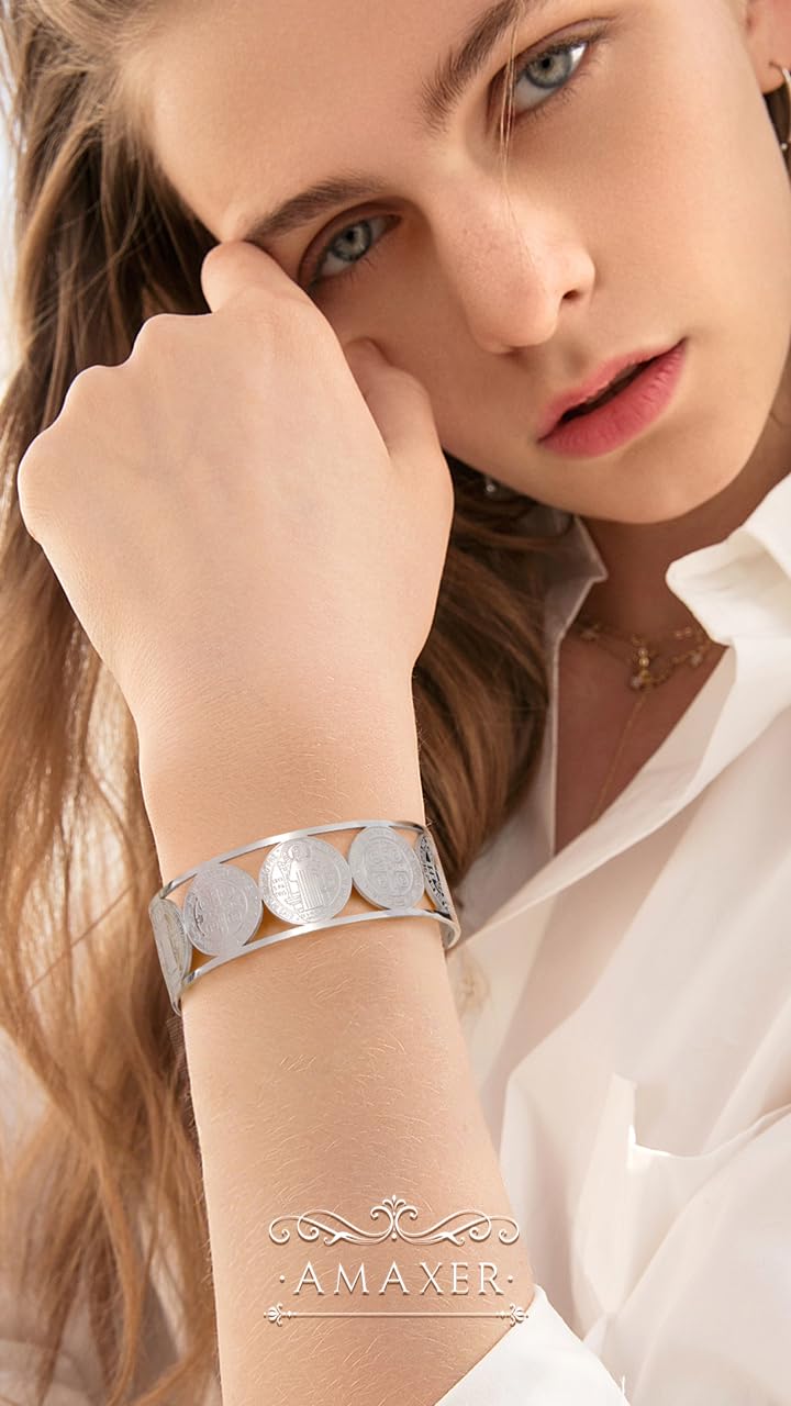 Amaxer Adjustable St. Benedict Open Cuff Bangle Bracelet for Women Men Stainless Steel Religious Jewelry 0.88in Wide (silver)