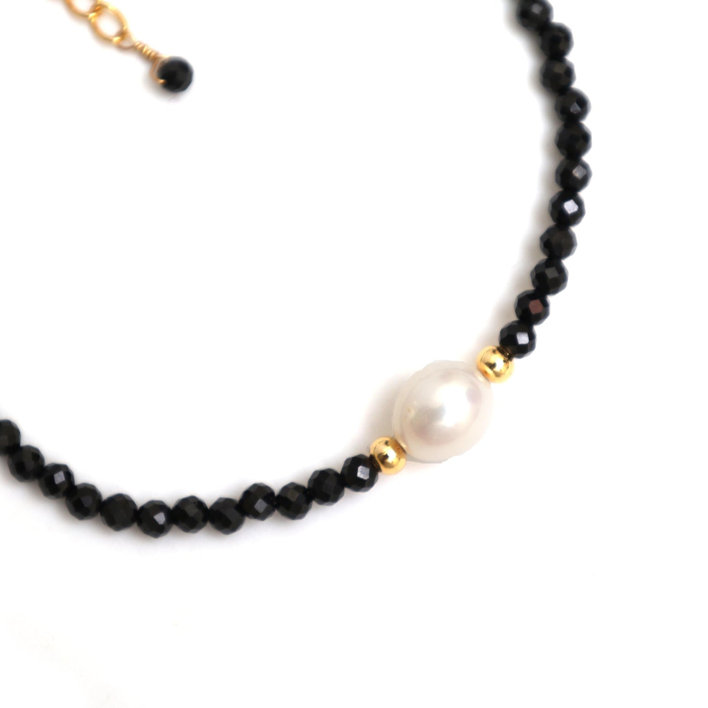 Gempires Black Spinel Beaded Bracelet with Pearl, Handcrafted Fresh Pearl and Gemstone Beads Adjustable Bracelet in 14k Hypoallergenic Gold Plated, Gift for Her (7.5 + 1 Inch Extender)