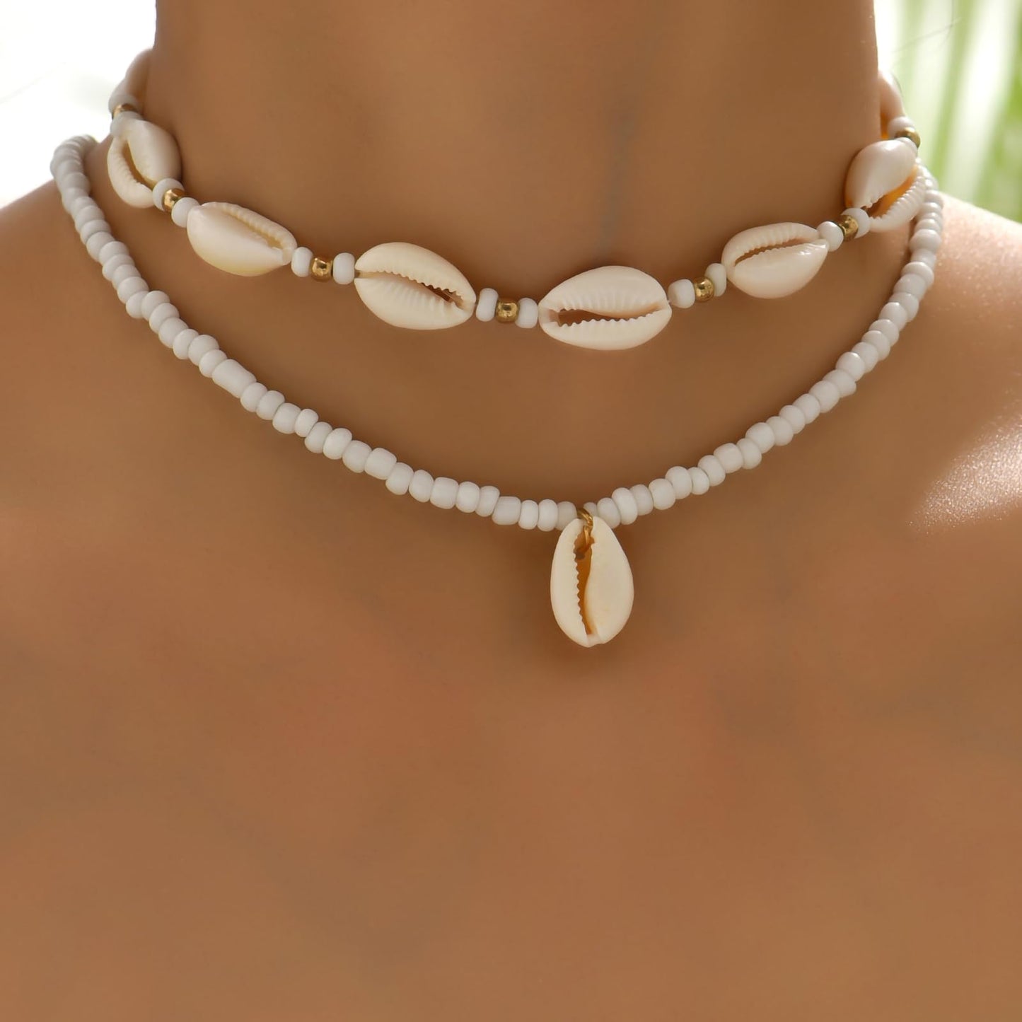 Nackiy Handmade Sea Shell Necklace Choker For Women Summer Adjustable Natural Shell Collar Necklace (Beige Braided Rope) (2 Layered)