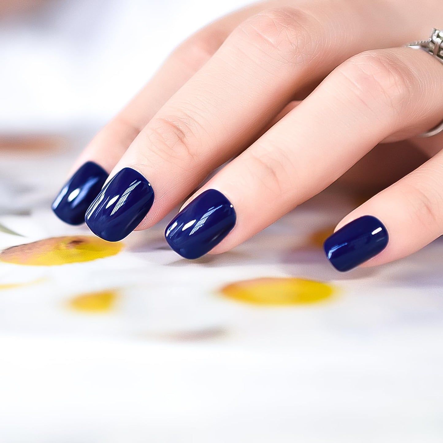 Royal Blue Press on Nails - iBeautying False Nails - Dark Blue Solid Finish Finger Daily Wear Nail - Medium Short Square Acrylic Reusable Fake Nails 24pcs