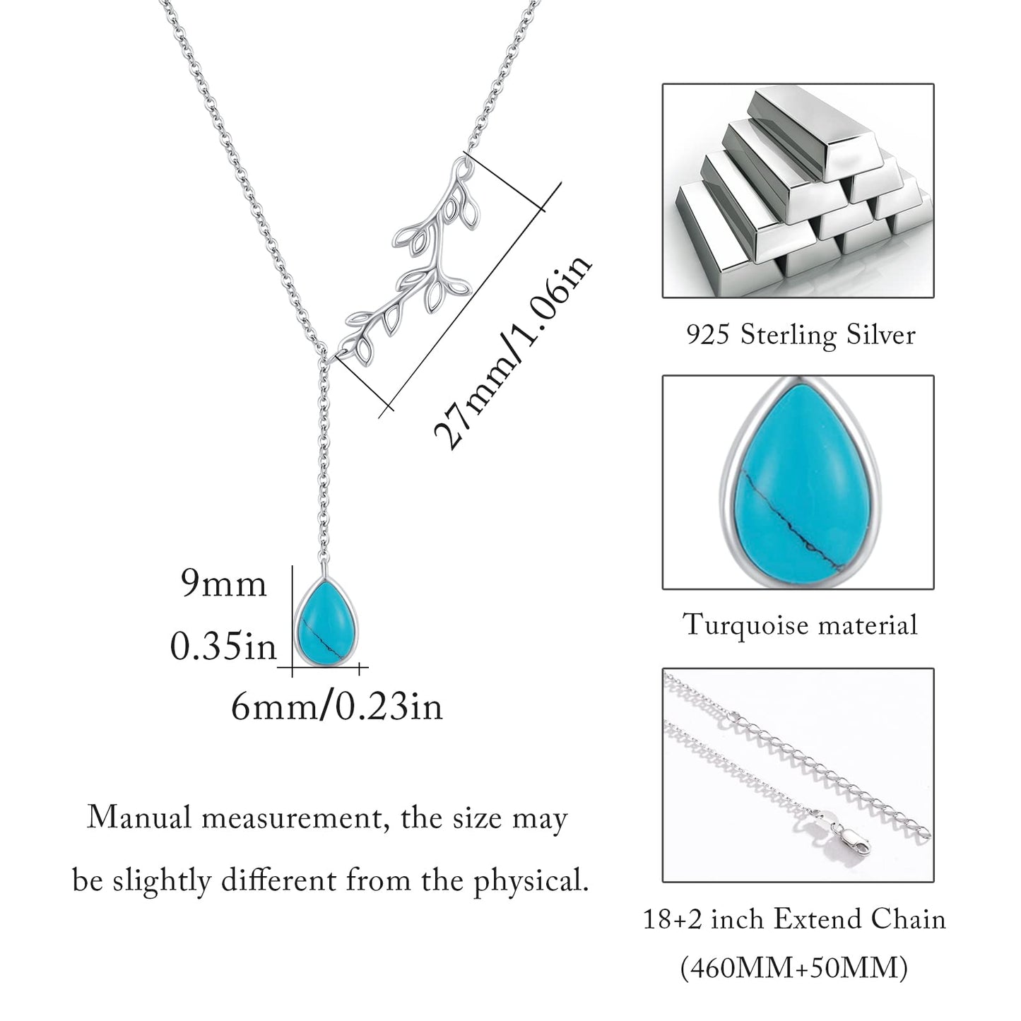 Silikepa Leaf Necklace for Women 925 Sterling Silver Leaf Pendant Necklace Y Chain Turquoise Jewelry Gift for Women