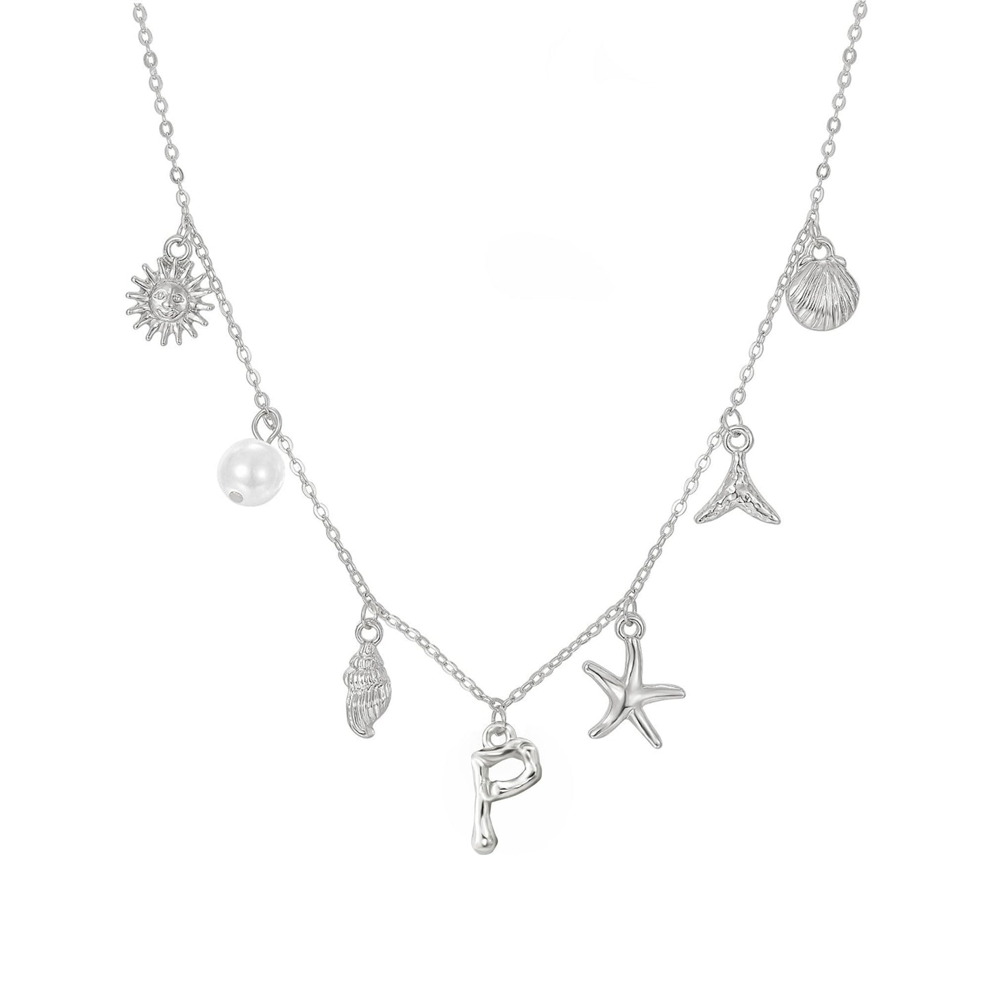 JALZEMPL Initial Charm Necklace For Women Seashell Shell Letter Boho Summer Beach Starfish 14k Gold Plated Silver Pendant Surfer Jewelry Gifts (P,Silver)