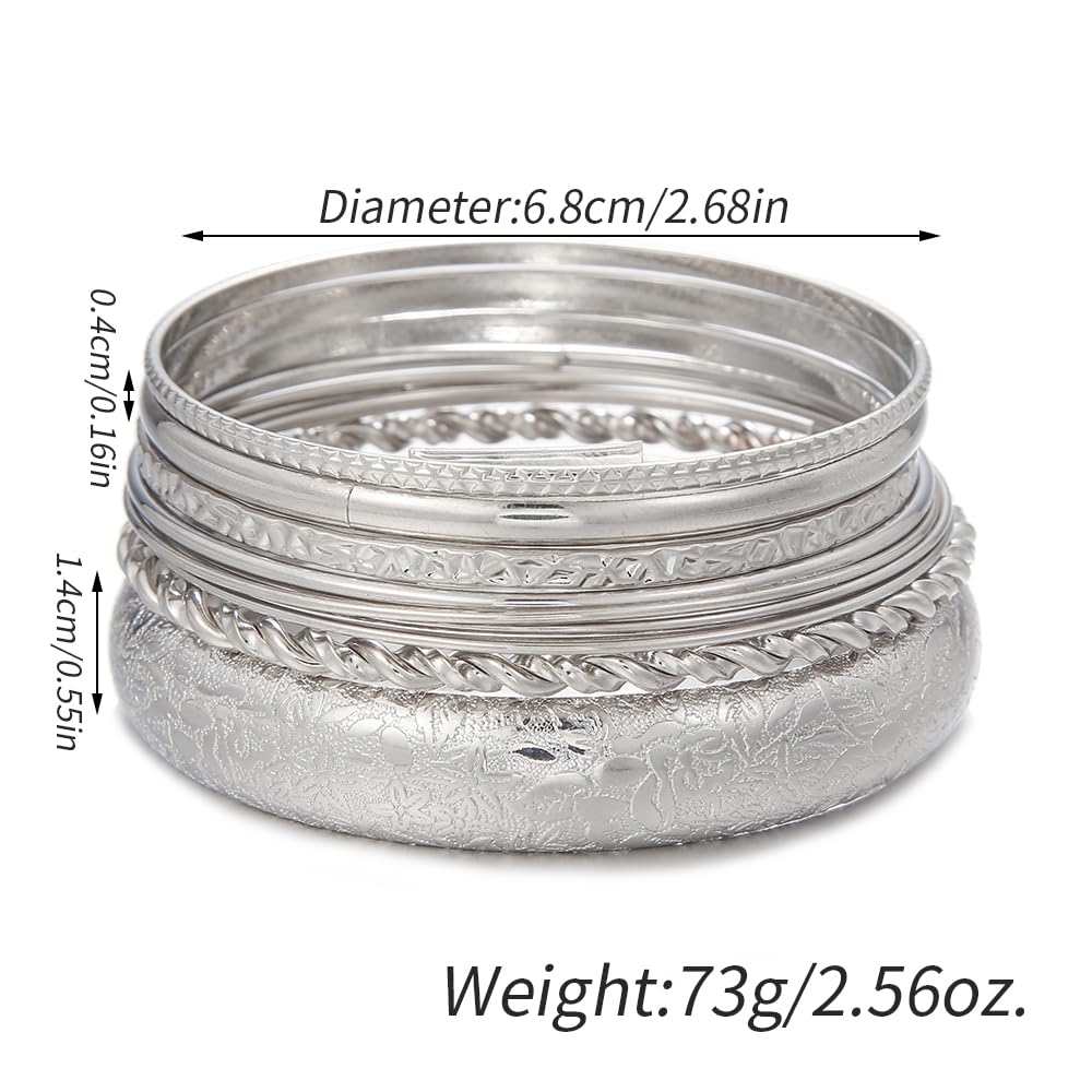 RINTOLER 10Pcs Silver Bangle Bracelets Set for Women - Chunky Silver Banlges Stackable Textured Bracelets Boho Jewelrys for Women. (J-Set 10pc Chunky)