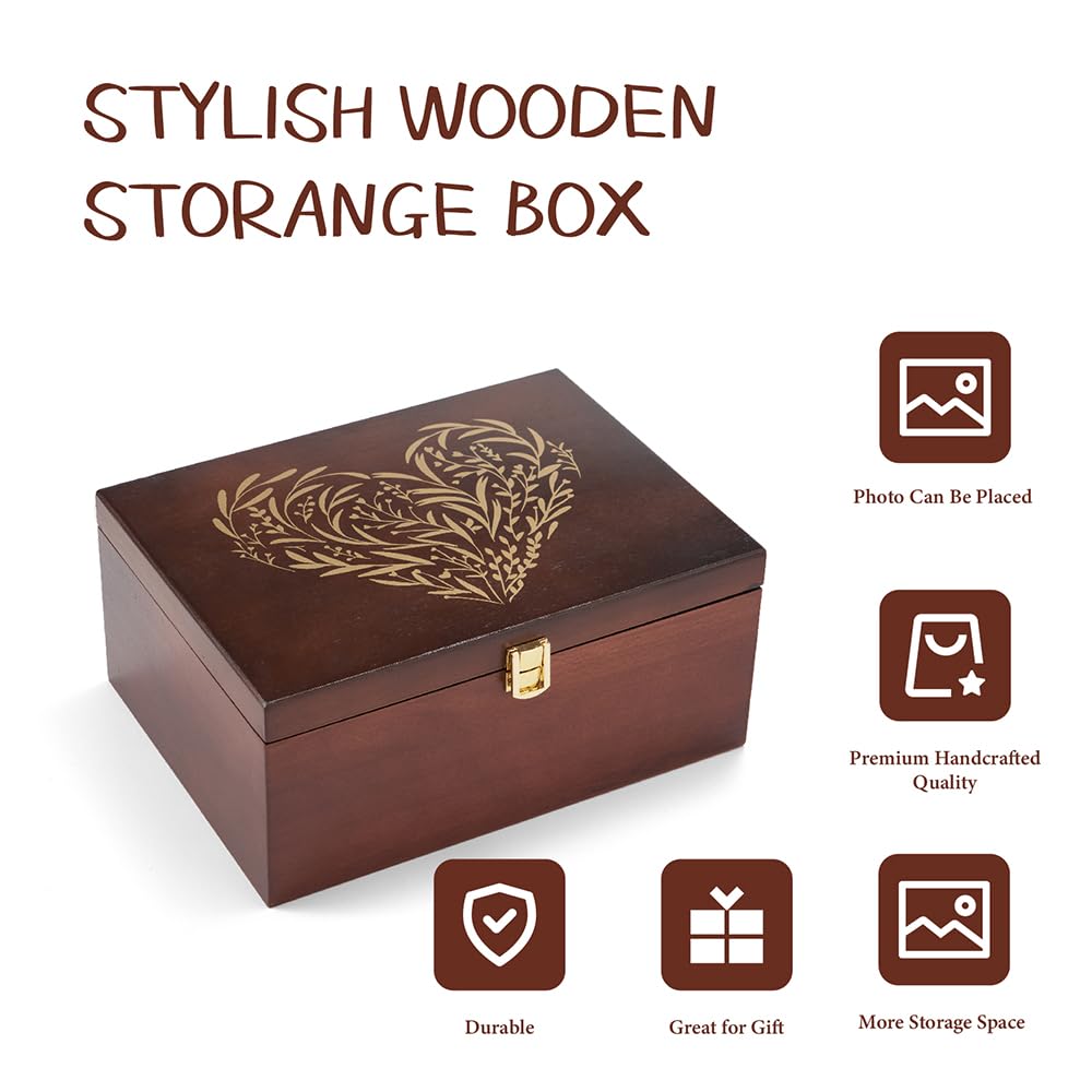 Larger Wooden Memory Keepsake Box with Hinged Lid & 8x10 Photo Frame Inside Lid – Decorative Storage Box With a Hinge Lids for Pictures, Letters & Time Capsule – Wooden Gift Box, 5.3” x 8.6” x 11.7”