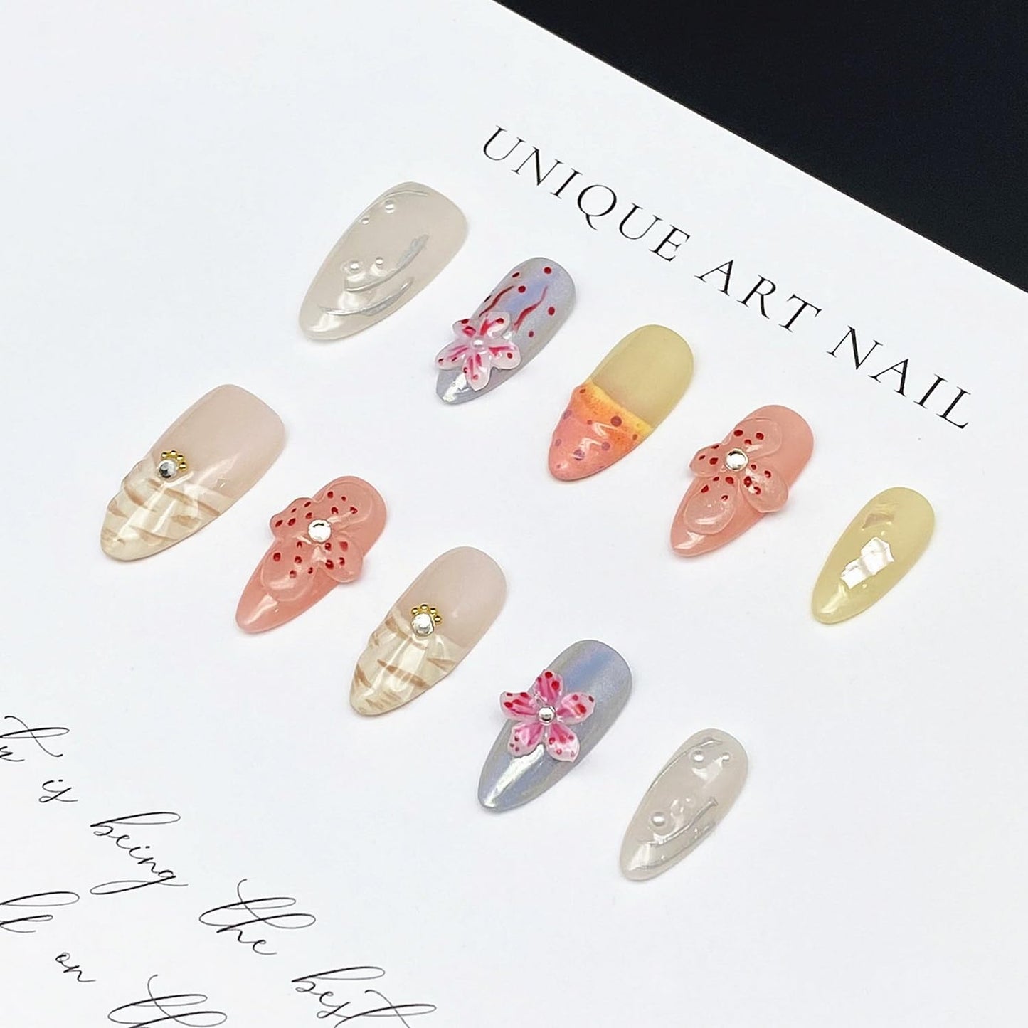 Handmade Press on Nails Medium Almond 3D Flower Fake Nails Unique False Nails with Designs Rhinestones Pearls Glossy Glue on Reusable Thick Acrylic Nails 10Pcs (M)