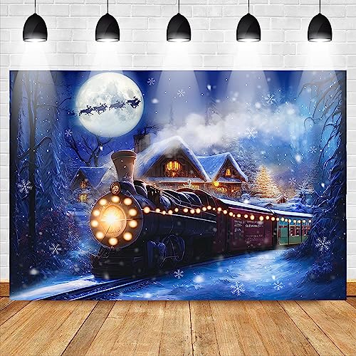 Mocsicka Christmas Train Backdrop for Photography Winter Train Xmas Snow Night Railway Party Background Wonderland Snowflake Portrait Photo Studio Props (7x5ft) - size: 7x5ft