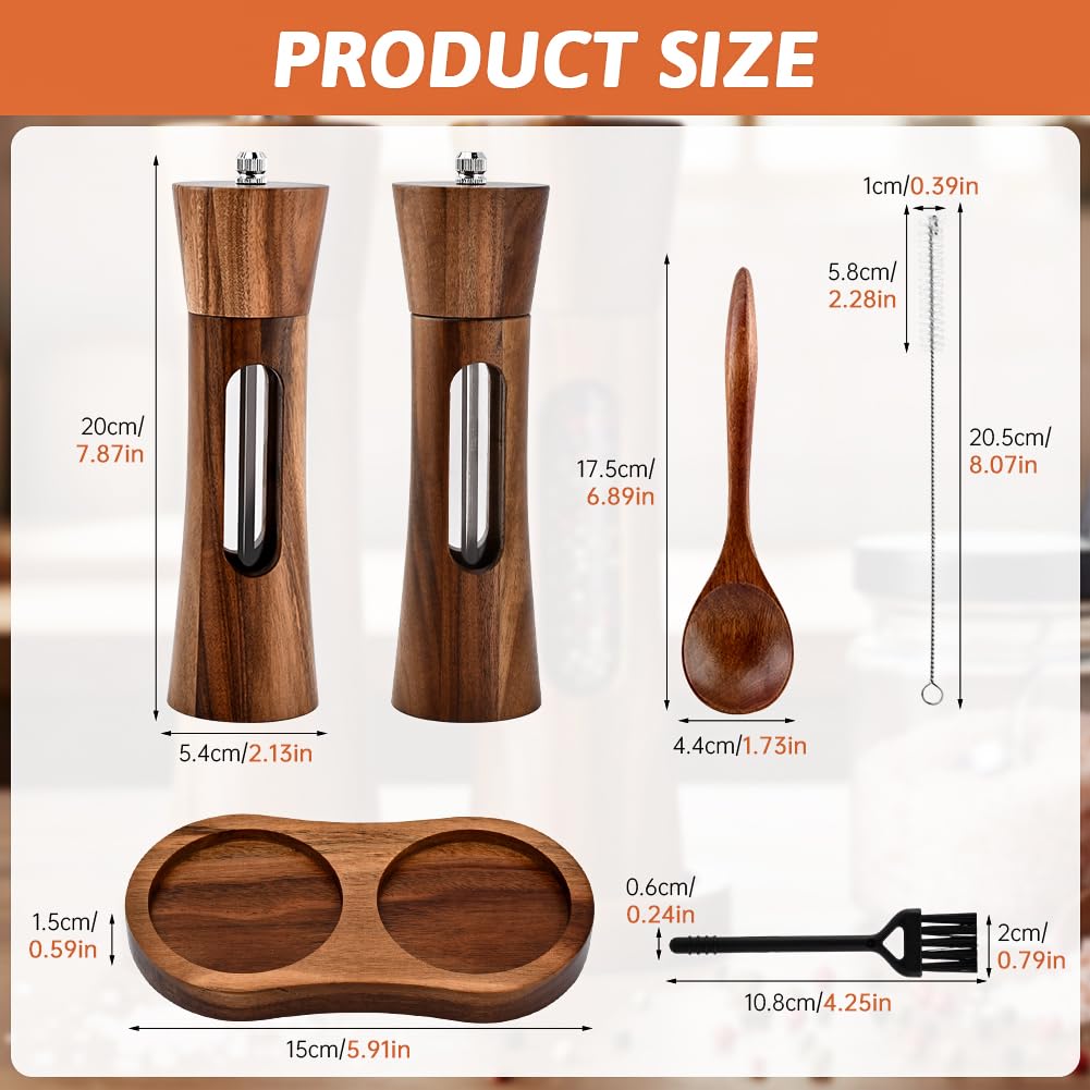 Wooden Salt and Pepper Grinder Set, Manual Spice Mills with Wooden Spoon, Cleaning Brush,Stable Base Plate,8 Inch Refillable Salt and Pepper Mills Adjustable Coarseness