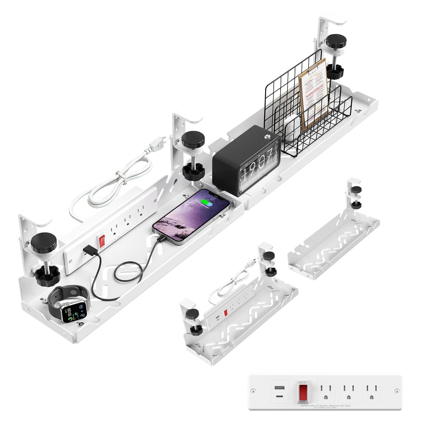 Extended Metal Under Desk Cable Management Tray with Power Outlet, No-Drill Wire Organizer with Clamp, Cord Storage Raceway for Desk Cable Management for Office Home (White)