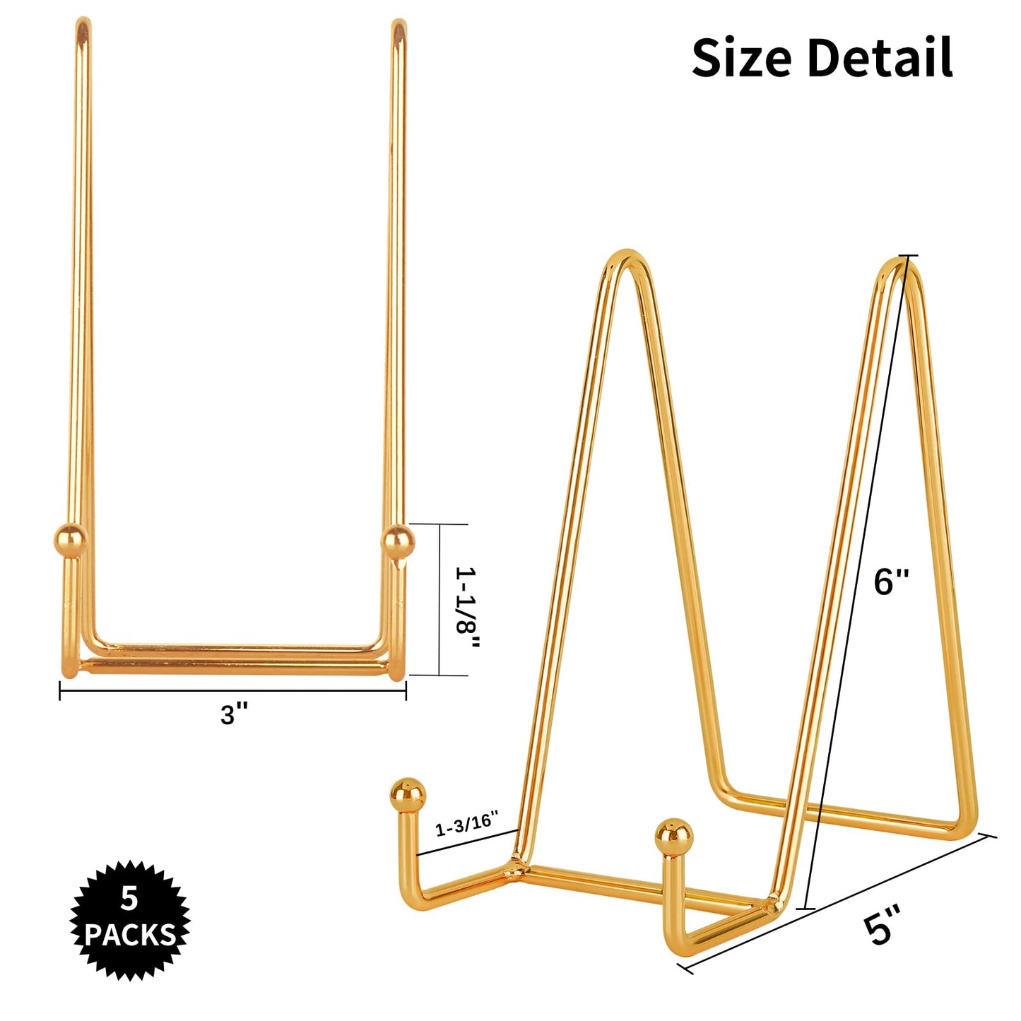 IBosins 5 Pack 6 Inch Plate Holder Display Stands, Metal Gold Frame Stand for Picture, Book, Photo Easel, Creation, Collectibles