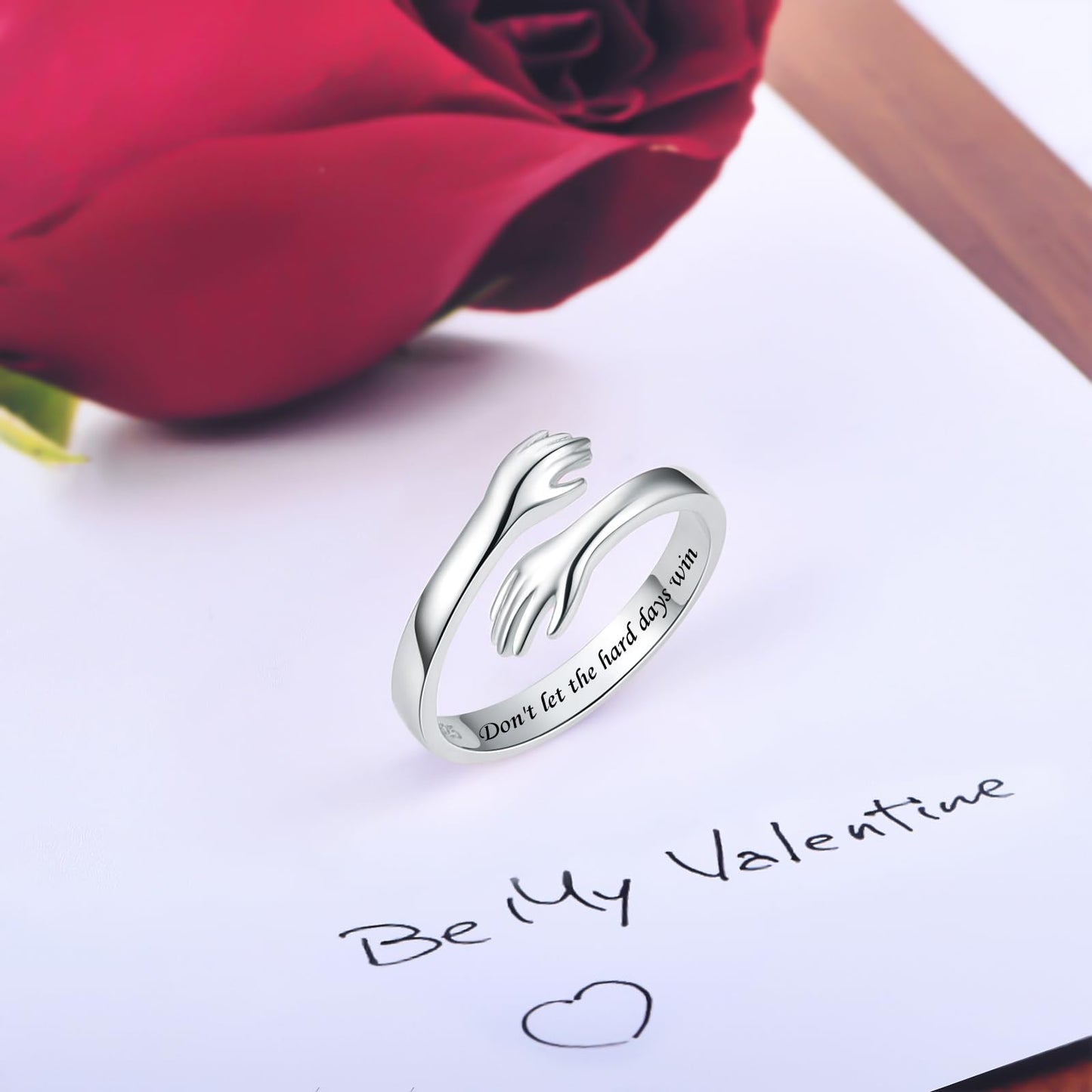 ACJFA S925 Sterling Silver Hug Ring for Women Adjustable Thumb Ring Birthday Gifts (Don't let the hard days win)
