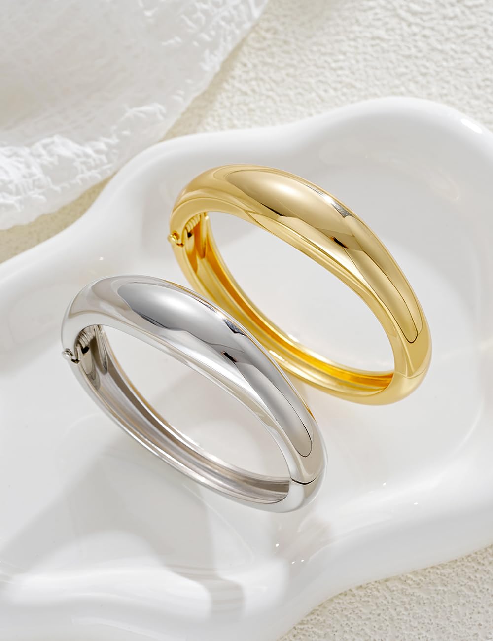 Chunky Gold Bangle Bracelets for Women, Dainty 14k Gold Plated Big Stackable Bangles Set, Trendy Statement Cuff Bracelet Stack Fashion Jewelry Gifts (2 Silver & gold bangles)