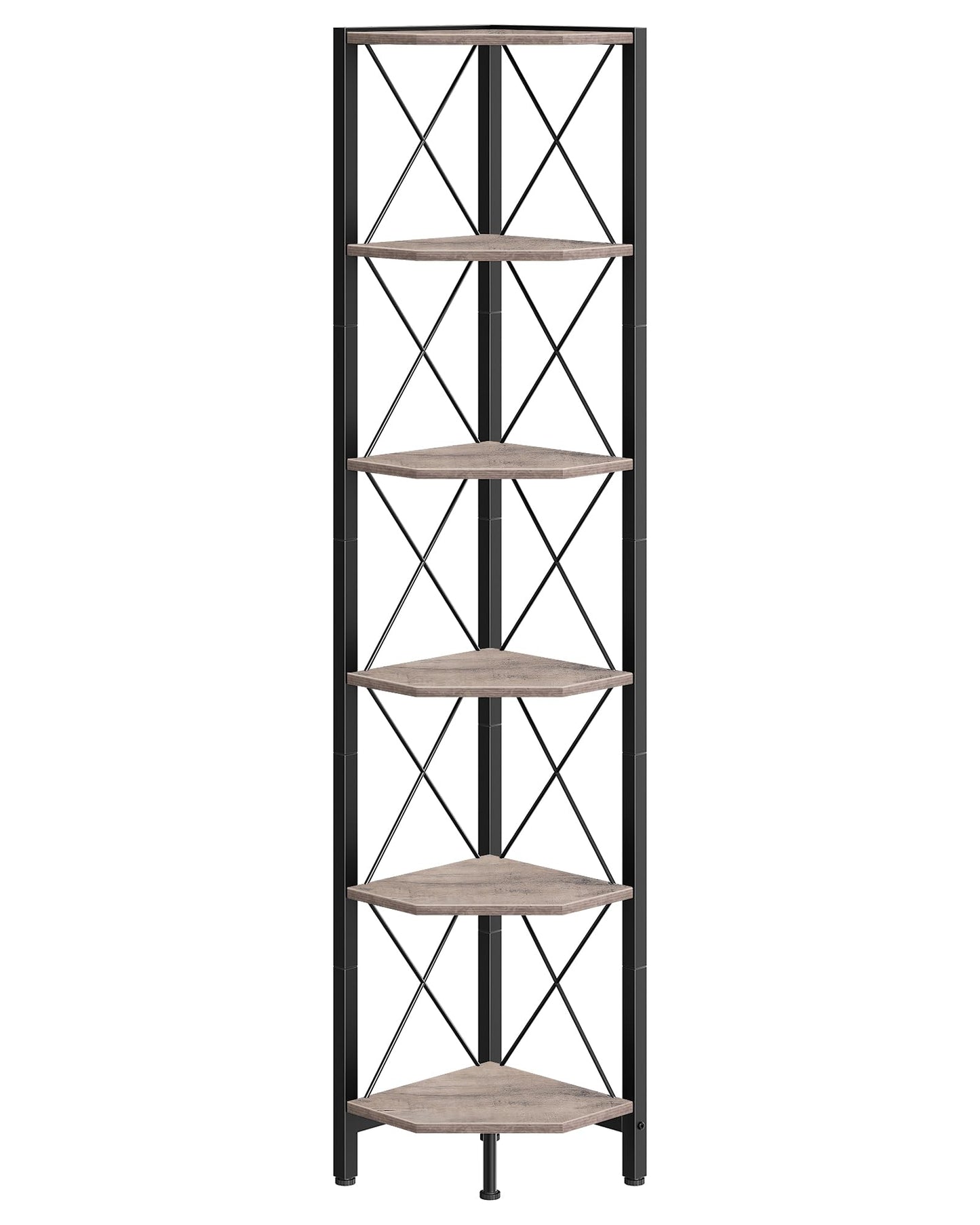 CHOEZON 6-Tier Corner Shelf, Corner Bookcase, 66.9" Tall Vertical Display Rack, Plant Stand, Open Storage Shelf, for Living Room, Bedroom, Study, Kitchen, Greige and Black TCJ13BG